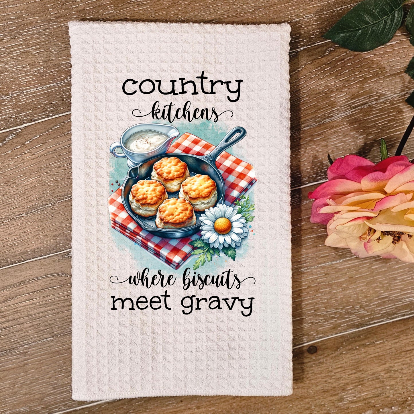 Country Kitchen Waffle Weave Towel, Charming Rustic Farmhouse Towel, Unique Hostess Gift, Cute Towel for Mom, Farmhouse Charm, Biscuit Theme