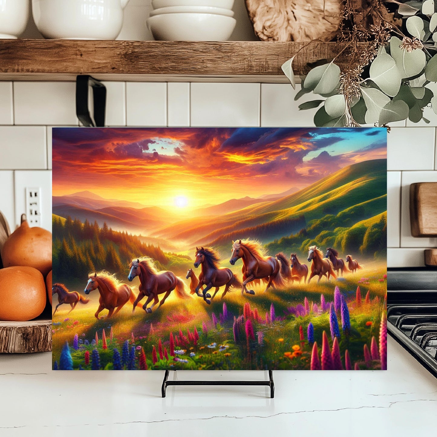Wild Horse Sunset Cutting Board - Rustic Kitchen Decor for Horse Lovers Mountain Valley Design with Wildflowers