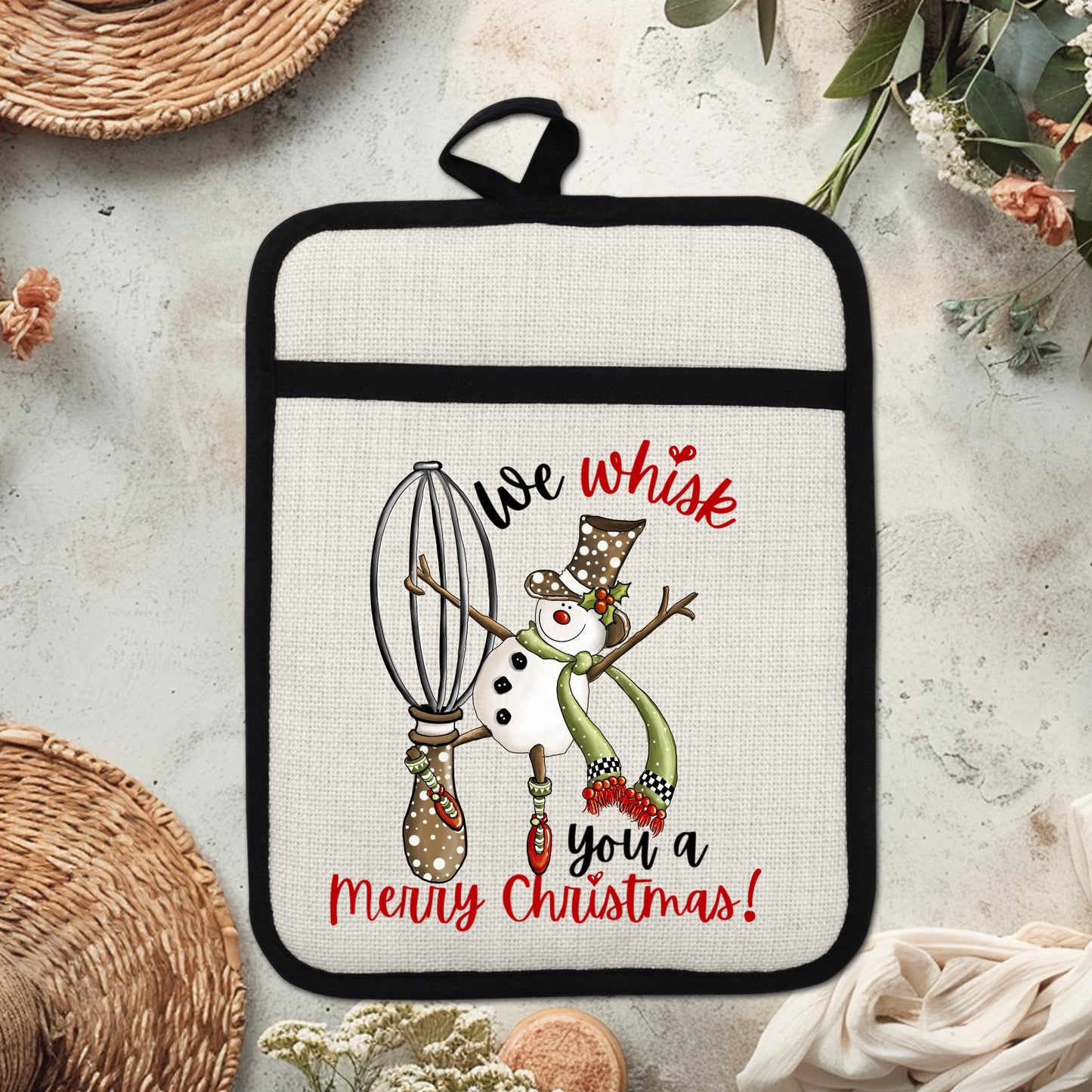 Funny Snowman Pot Holder with We Whisk You a Merry Christmas Quote - Linen Hot Pad for Holiday Kitchen Gift