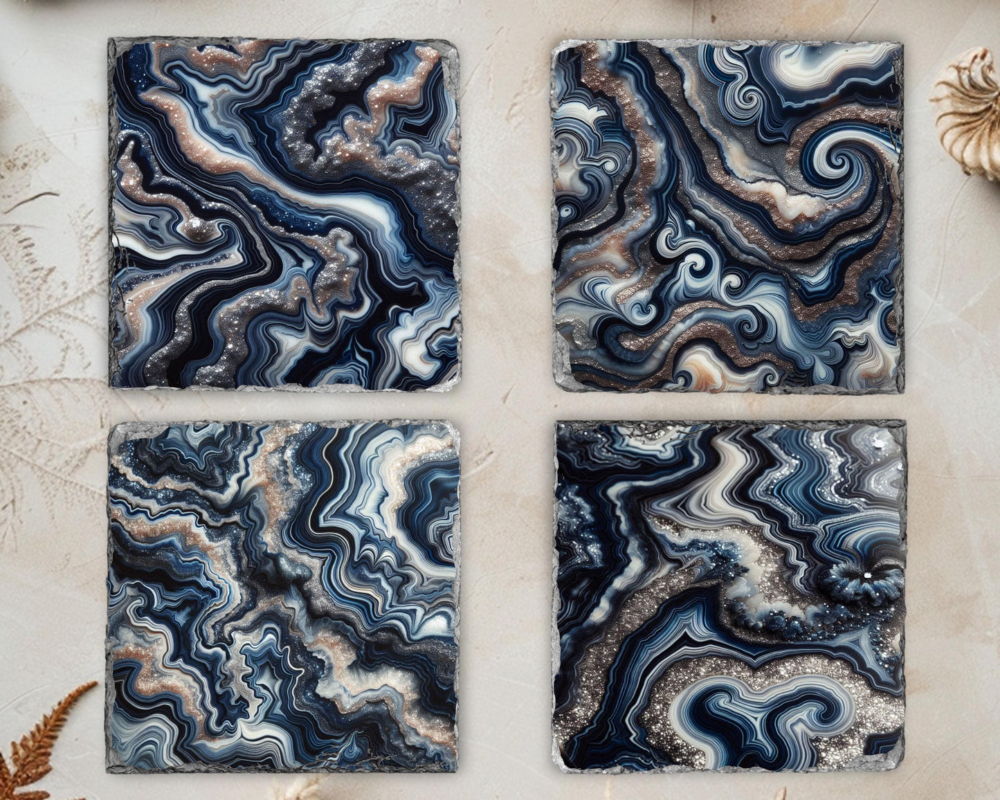 Navy Blue Silver Agate Pattern Slate Coasters - Set of 4 Ideal Housewarming Gift for Boho Home Decor