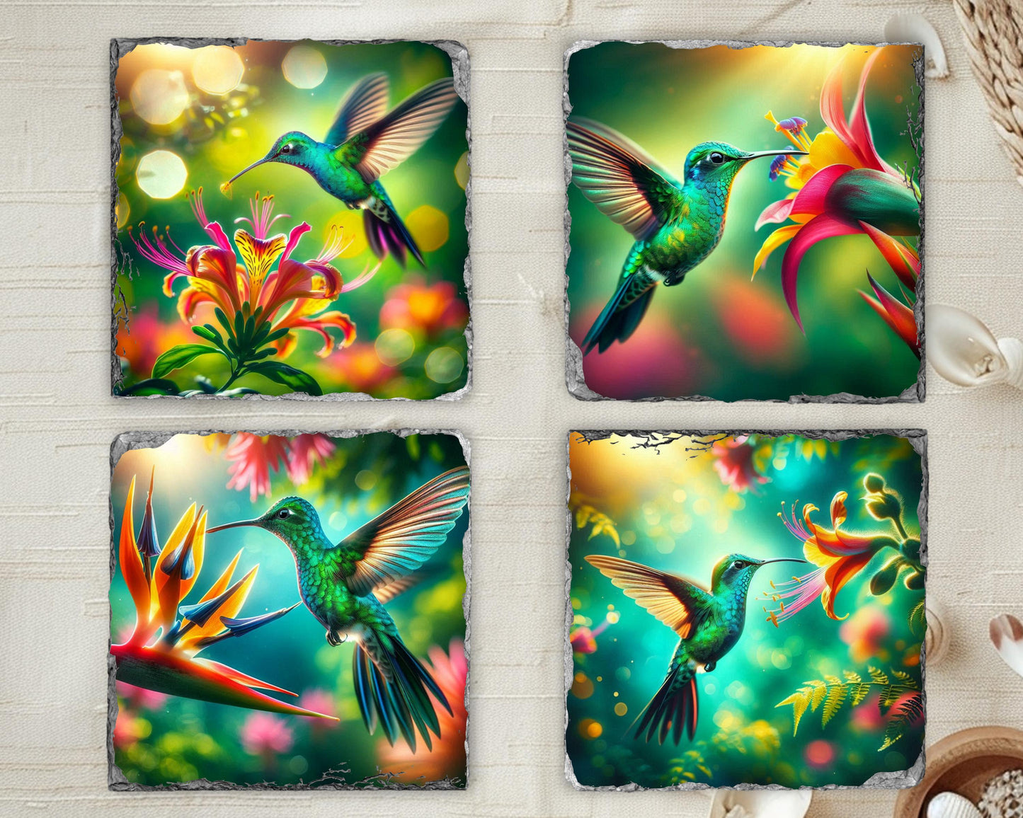 Hummingbird Slate Coaster Set - Colorful Floral Drink Coasters for Nature Enthusiasts