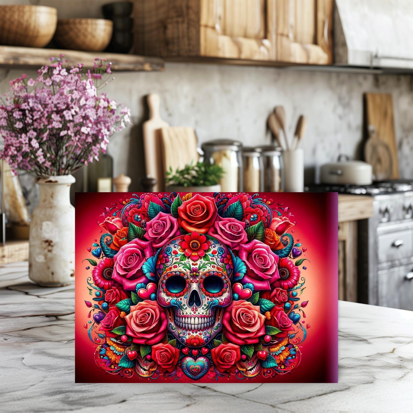 Tempered Glass Cutting Board with Day of the Dead Skull Design - Ideal for Meal Prep