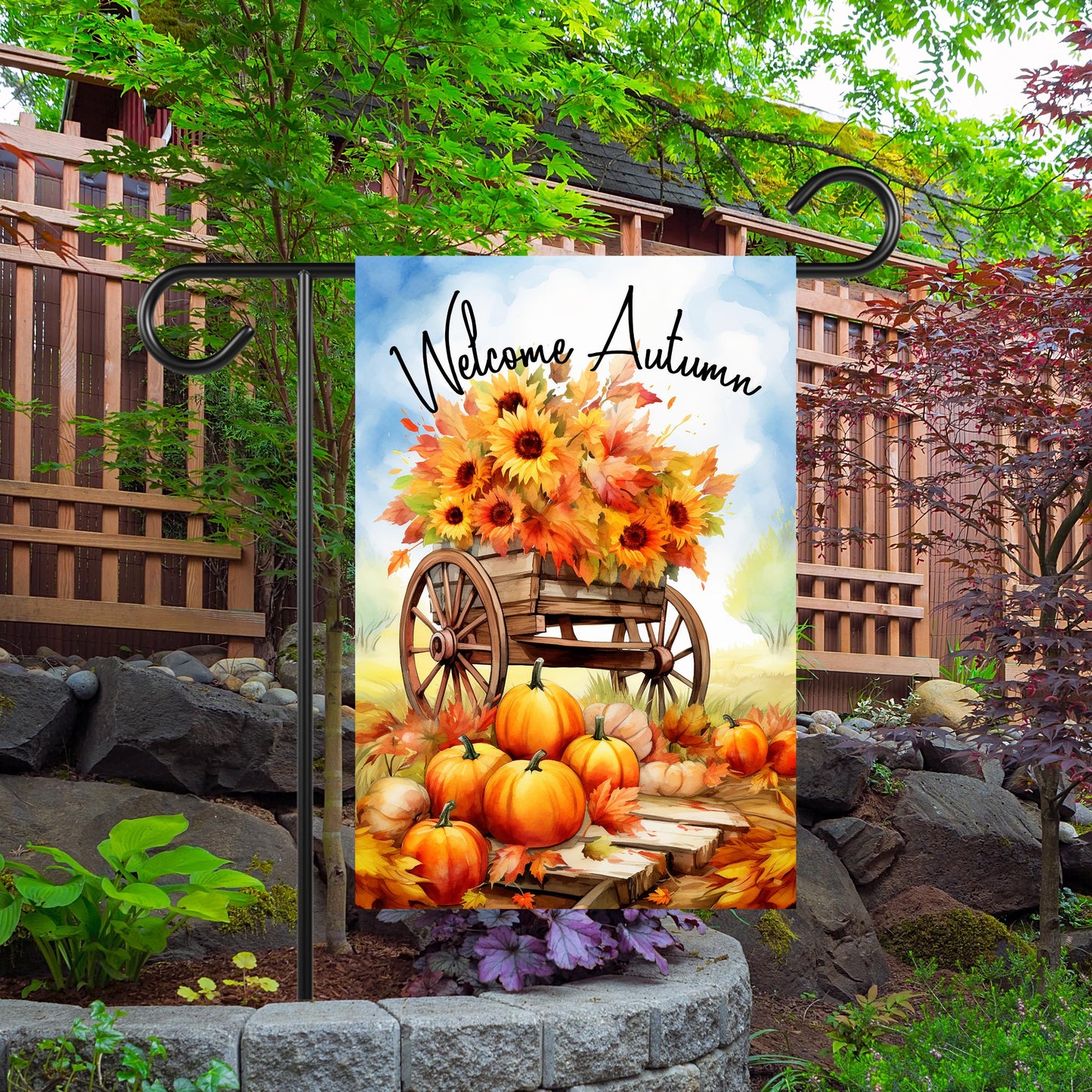 Autumn Garden Flag with Pumpkins and Blue Sky - 12x18 Inch Seasonal Decor
