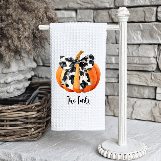 Farmhouse Pumpkin Waffle Weave Towel, Personalized Pumpkin Towel, Unique Hostess Gift