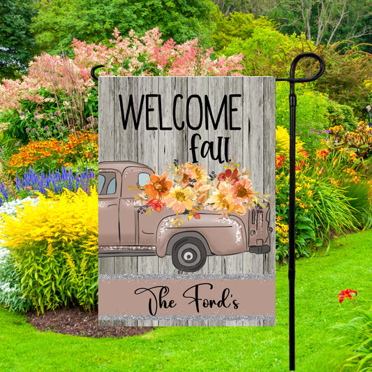 Rustic Wood Truck Garden Flag - Custom Double-Sided Fall Decor 12x18 Inch