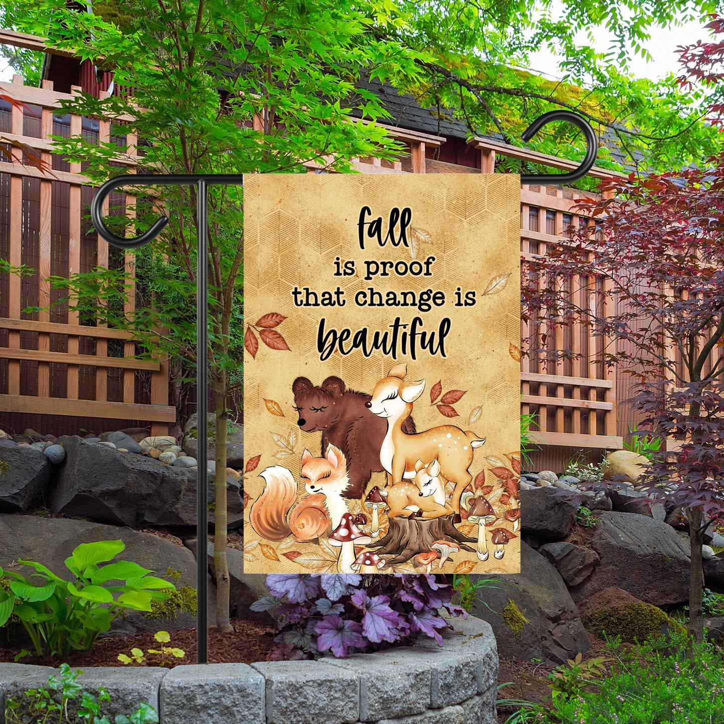Double-Sided Woodland Creatures Fall Garden Flag with Change is Beautiful Quote - 12x18 Inch