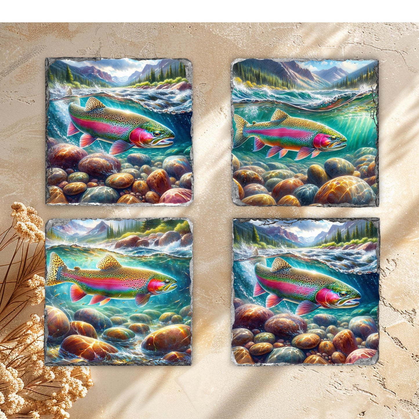 Rainbow Trout Slate Coaster Set with Fractured Edges 4 Sublimation Prints Black Rack for Coffee Table or Gift