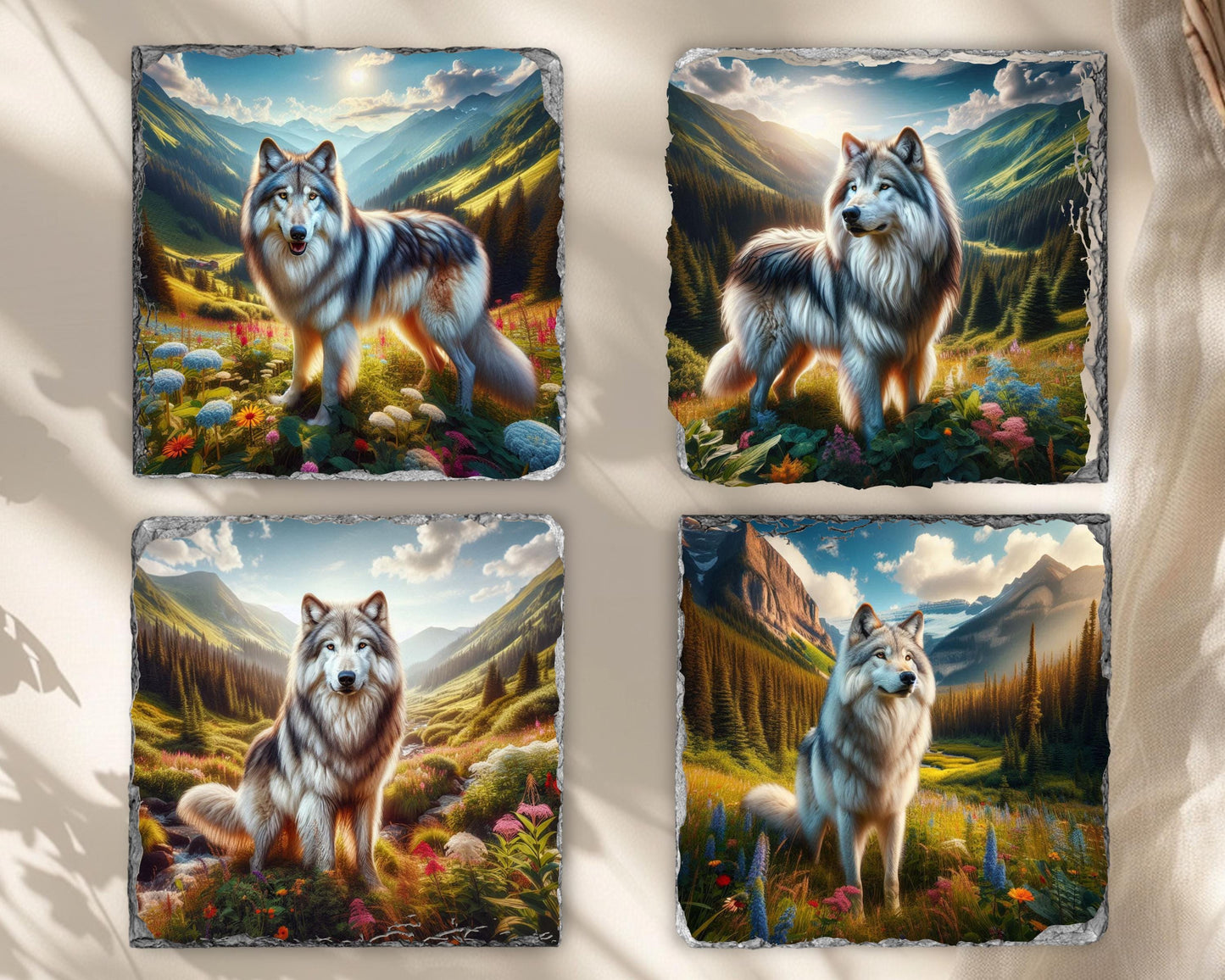 Artistic Wolf Mountain Slate Coaster Set Ideal Gift for Wildlife Lovers and Housewarmings