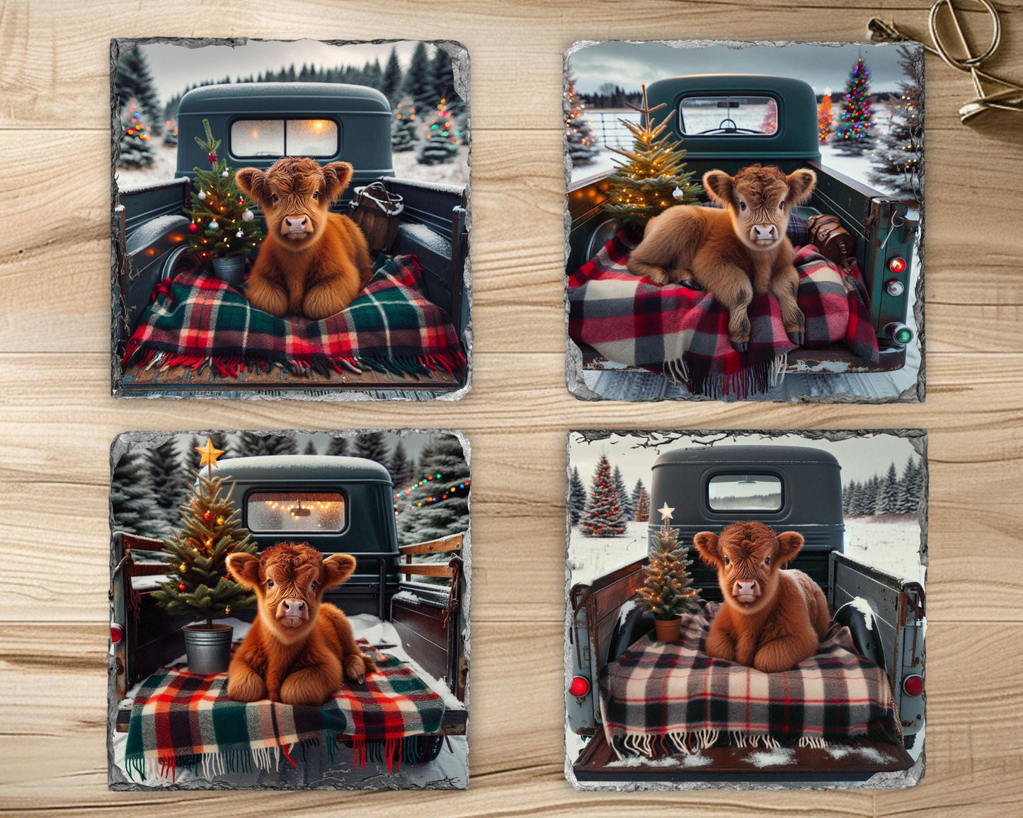 Highland Cow Christmas Coaster Set with Rack - Rustic Slate Coasters Featuring Baby Cow in Truck Perfect for Farmhouse Decor