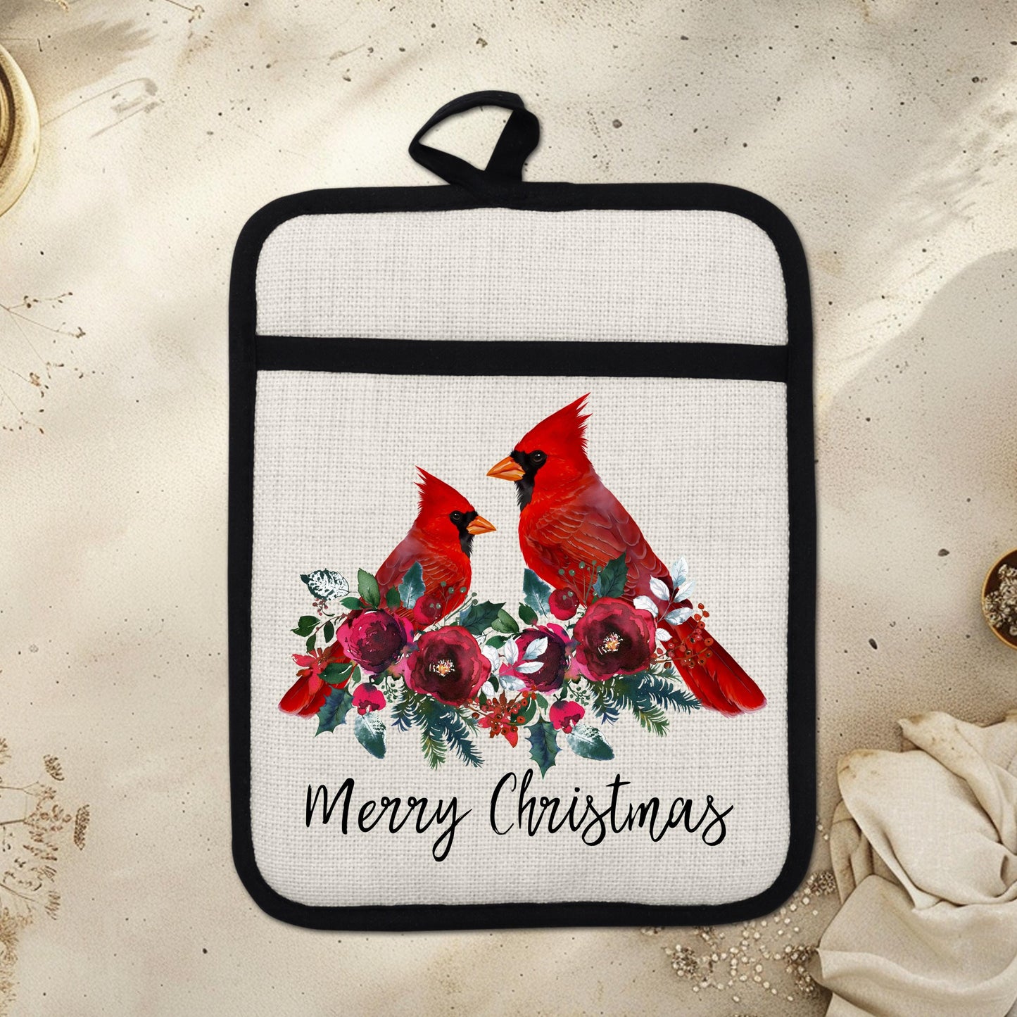 Christmas Cardinal Pot Holder with Two Red Birds on Floral Border - Linen Hot Pad for Holiday Gifting