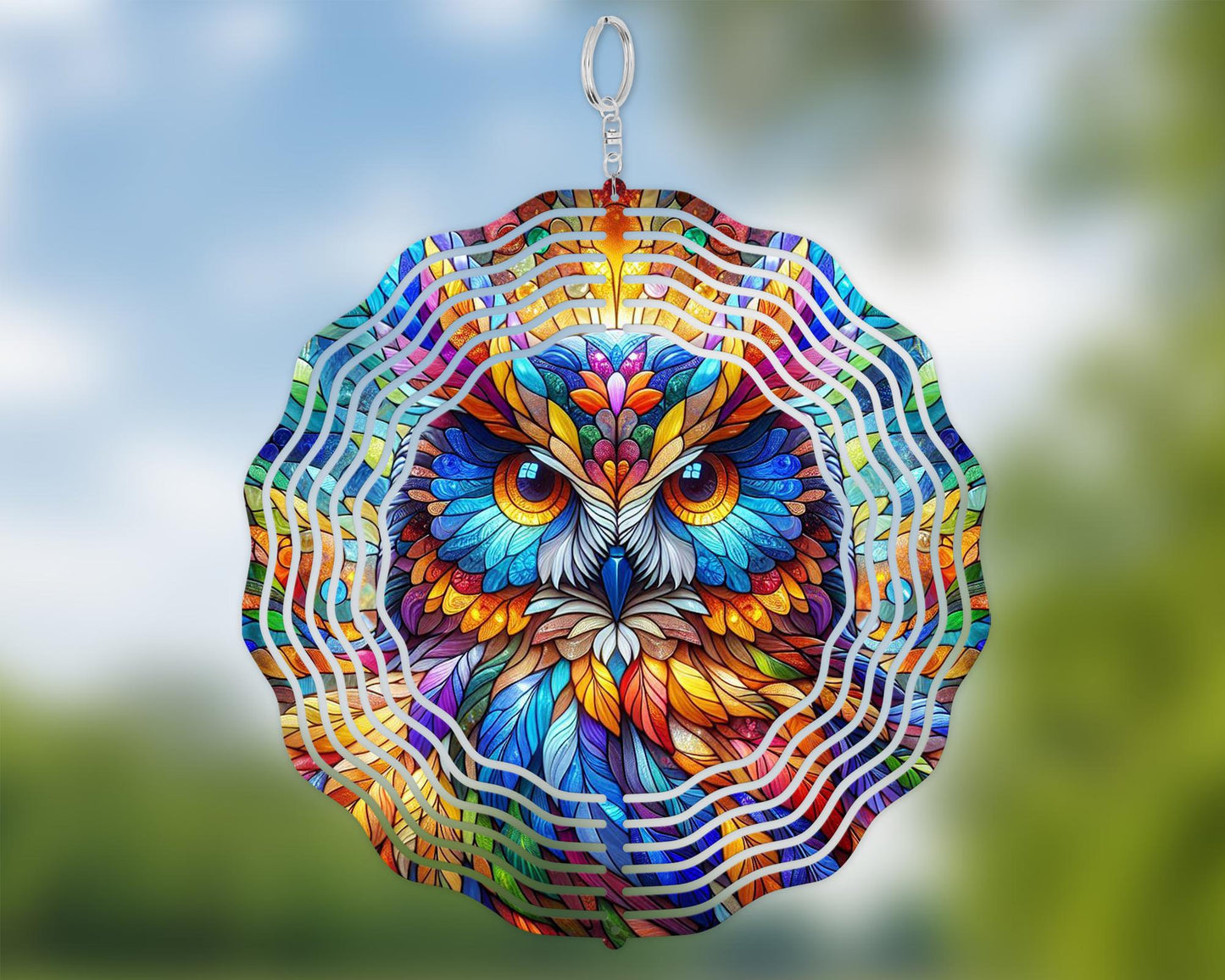 Vibrant Owl Head Wind Spinner with UV Protection, Nature Inspired Housewarming Gift, Bird Watcher Gift, Hanging Wind Sculpture, Owl Lovers