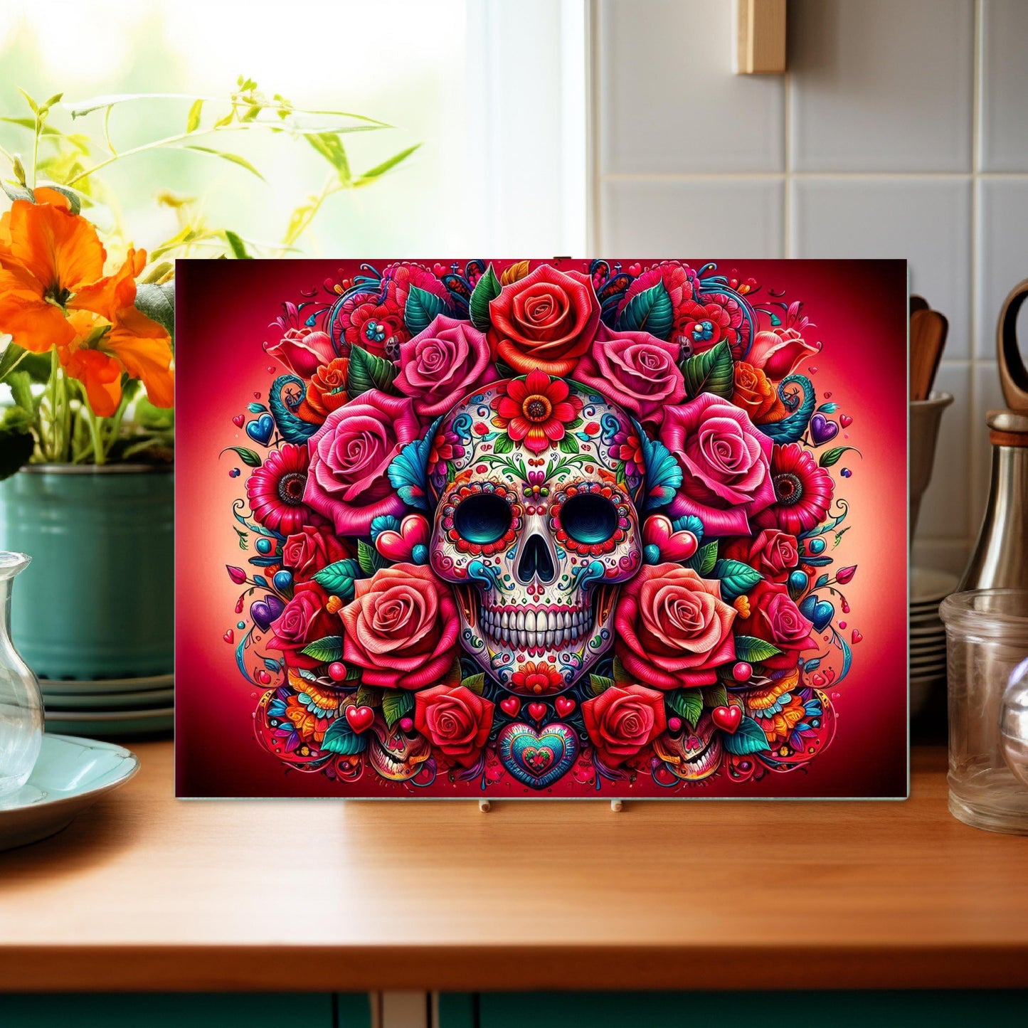 Tempered Glass Cutting Board with Day of the Dead Skull Design - Ideal for Meal Prep