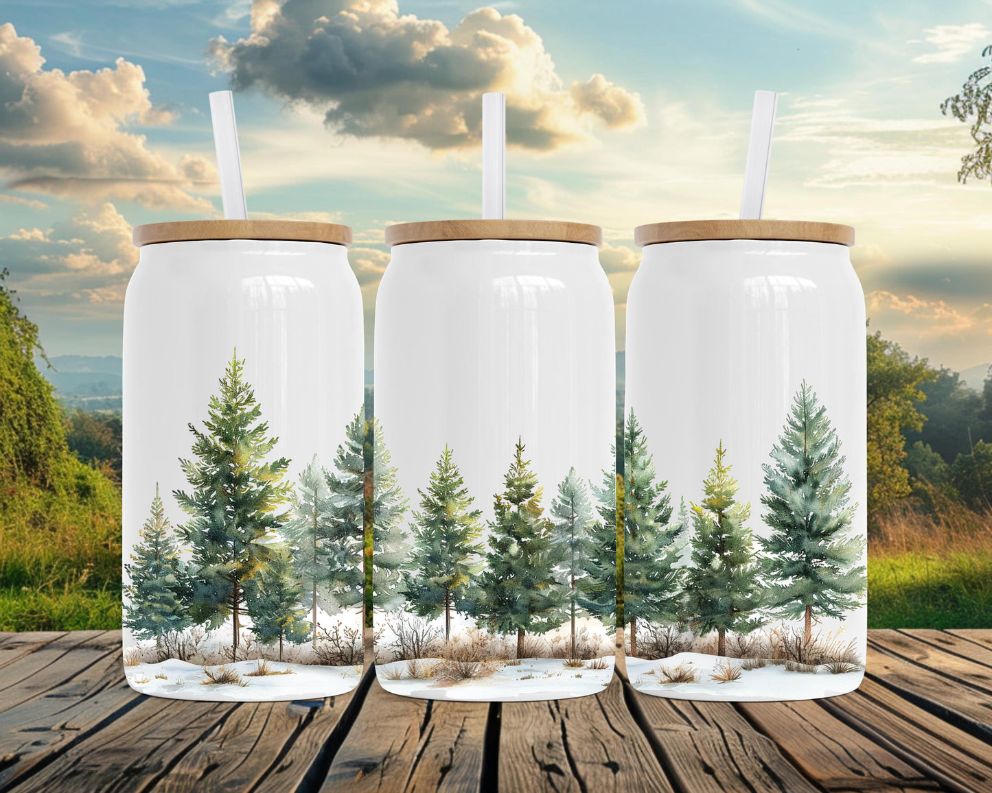 Winter Forest Tumbler, 16oz Soda Can, Pine Tree Watercolor Art, Forest Sipper