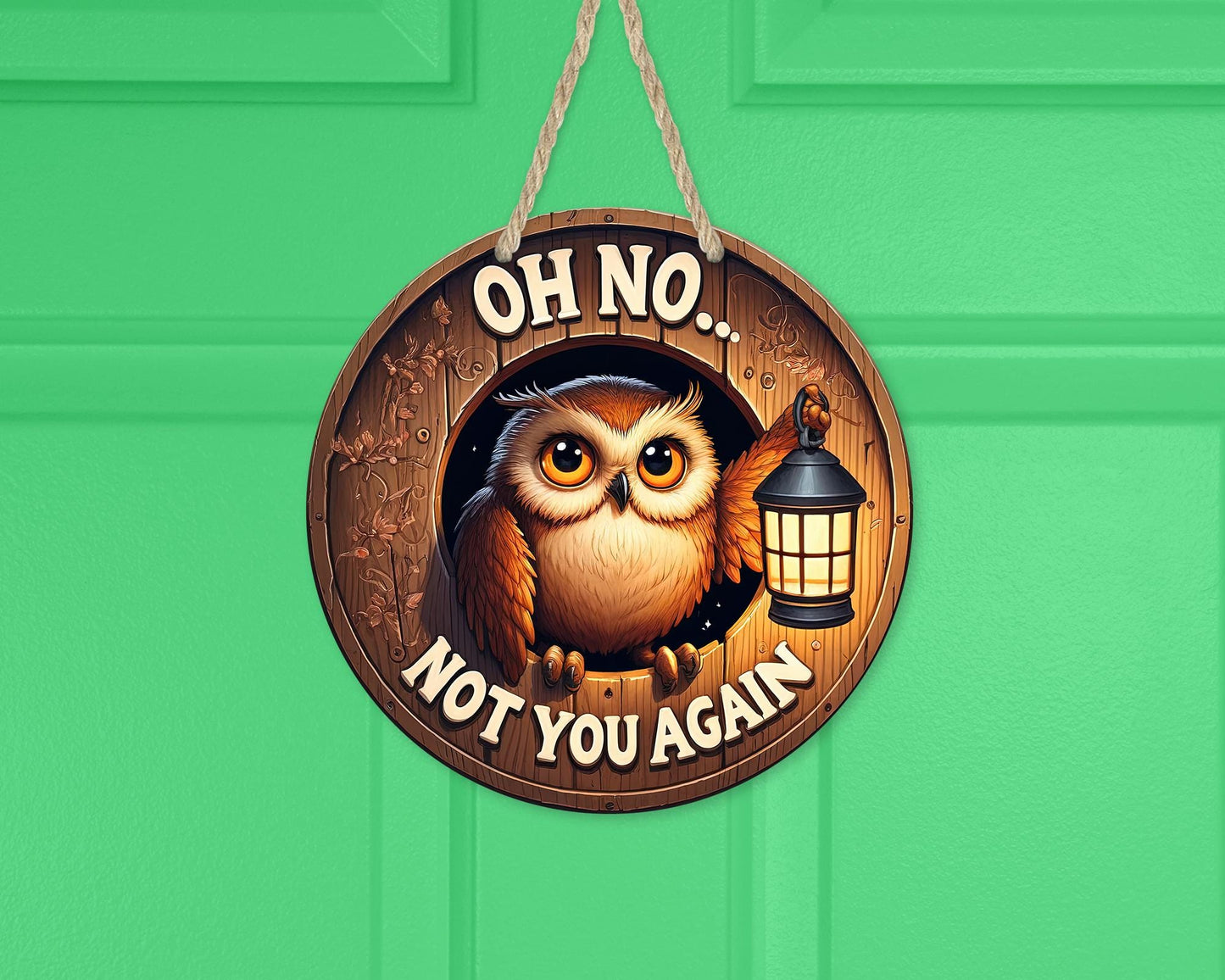 Humorous Owl Lantern Door Sign - 10x10 Aluminum Round Hanger with Faux Peek Hole Unique Gift for Sisters and New Home