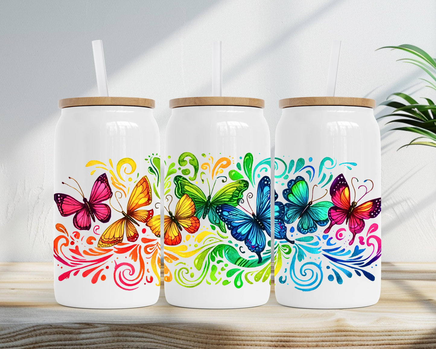 Rainbow Butterfly Insulated Tumbler, 16oz Stainless Steel Travel Cup, Butterfly Gift for Her