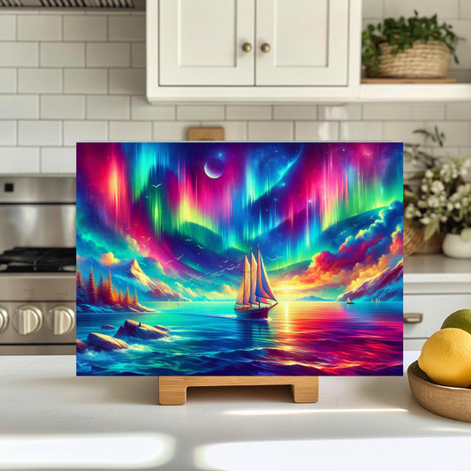 Nautical Sailboat Glass Cutting Board - Northern Lights Inspired Kitchen Decor