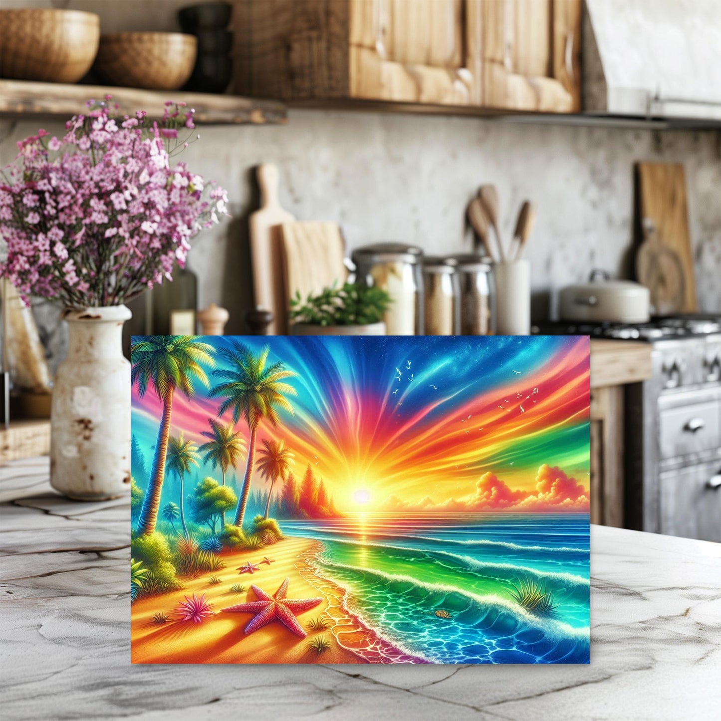 Tropical Sunset Glass Cutting Board with Starfish Design - Ideal Unique Hostess Gift