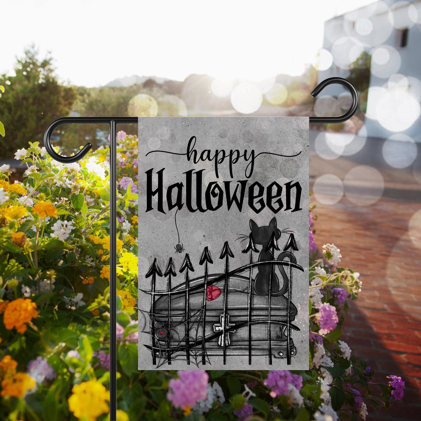 Double-Sided Halloween Garden Flag - Gothic Black Cat Spider Web Design 12x18 Inch