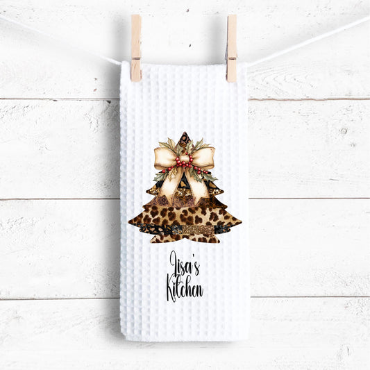 Personalized Leopard Print Kitchen Towel - Christmas Waffle Weave Microfiber Gift