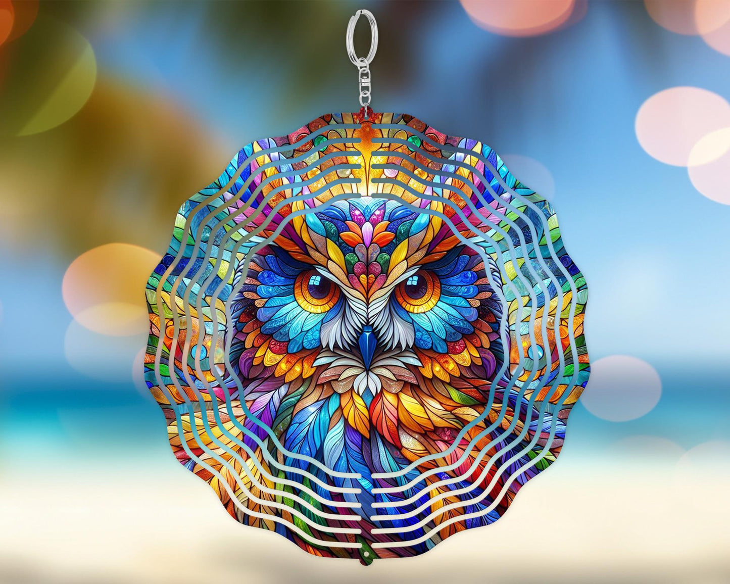 Vibrant Owl Head Wind Spinner with UV Protection, Nature Inspired Housewarming Gift, Bird Watcher Gift, Hanging Wind Sculpture, Owl Lovers