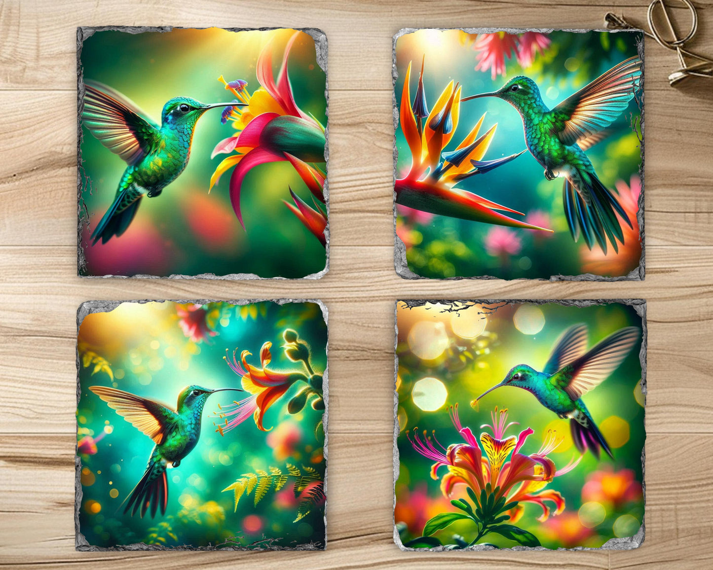 Hummingbird Slate Coaster Set - Colorful Floral Drink Coasters for Nature Enthusiasts