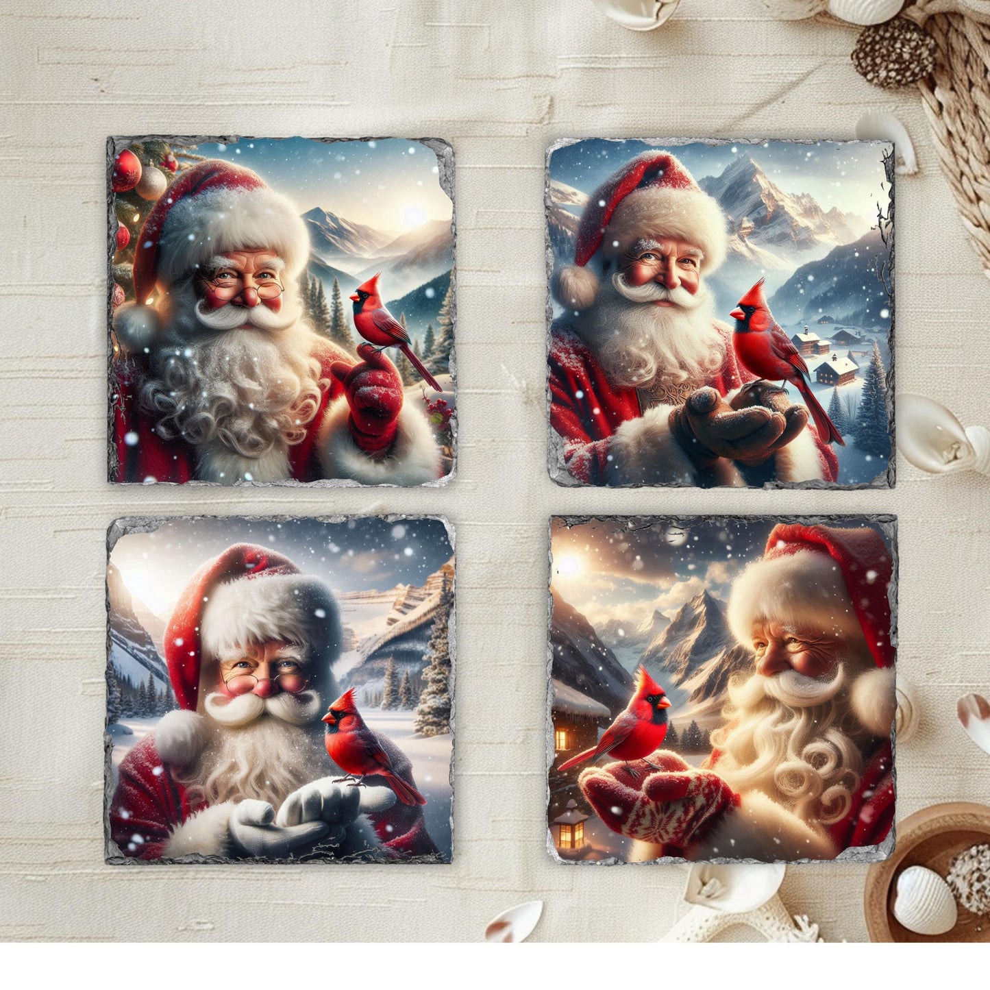 Slate Coaster Set with Santa's Winter Scene and Cardinal - 3.5x3.5 Inches Fractured Edges Includes Black Rack Ideal Holiday Gift