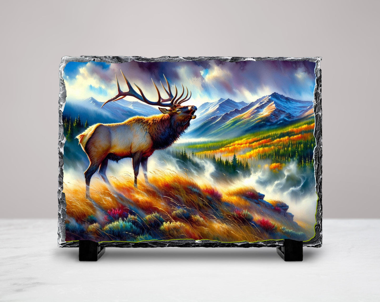Bugling Elk Slate Plaque - Fall Morning Fog Mountain Valley Wildlife Art for Rustic Cabin Decor