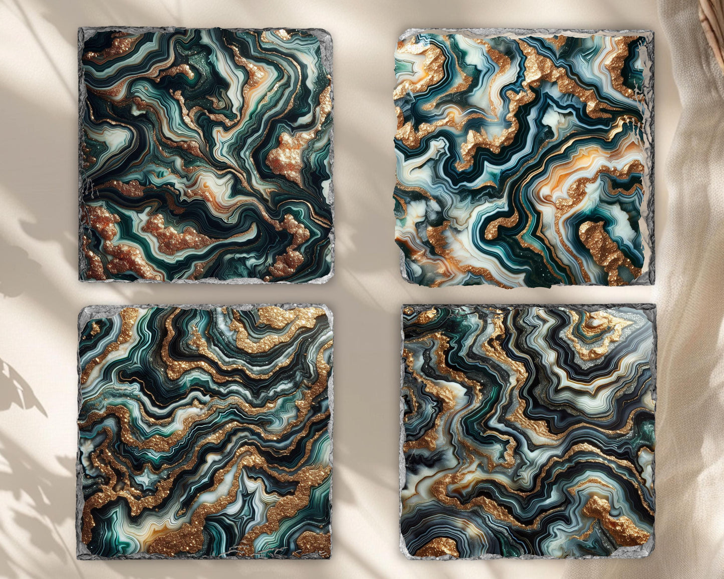 Fractured Edge Slate Coaster Set of 4 with Green Agate Pattern Gold Faux Glitter - Unique Housewarming Gift Elegant Home Décor