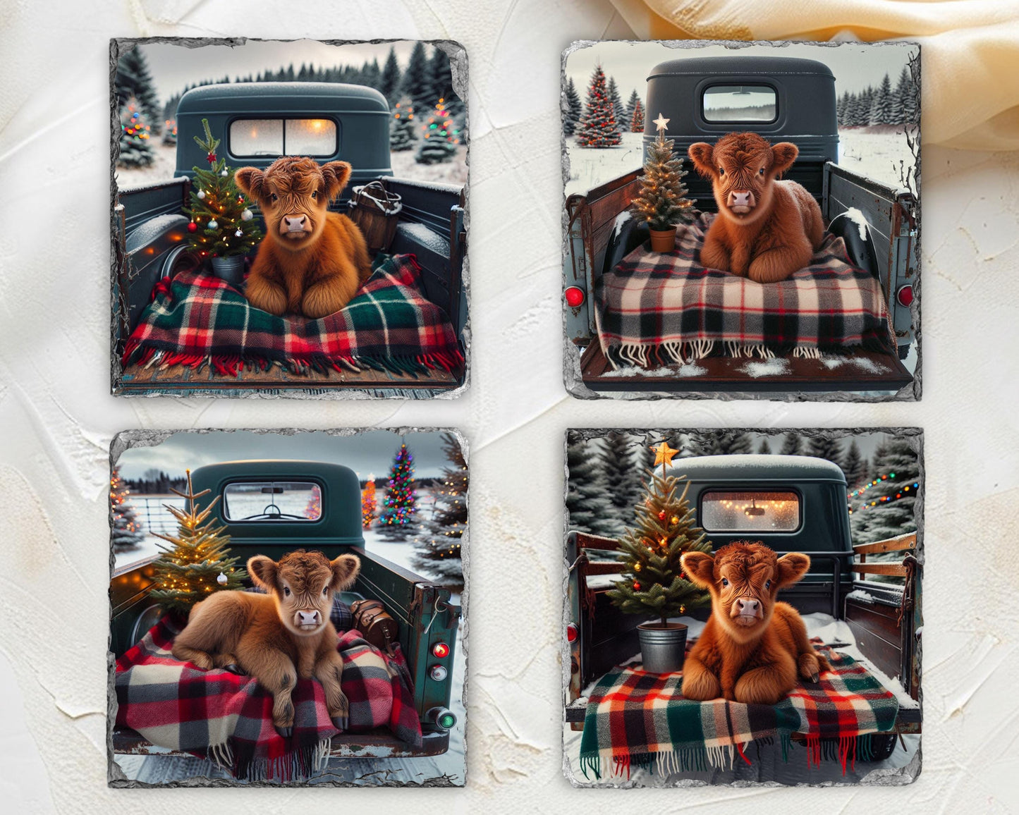Highland Cow Christmas Coaster Set with Rack - Rustic Slate Coasters Featuring Baby Cow in Truck Perfect for Farmhouse Decor