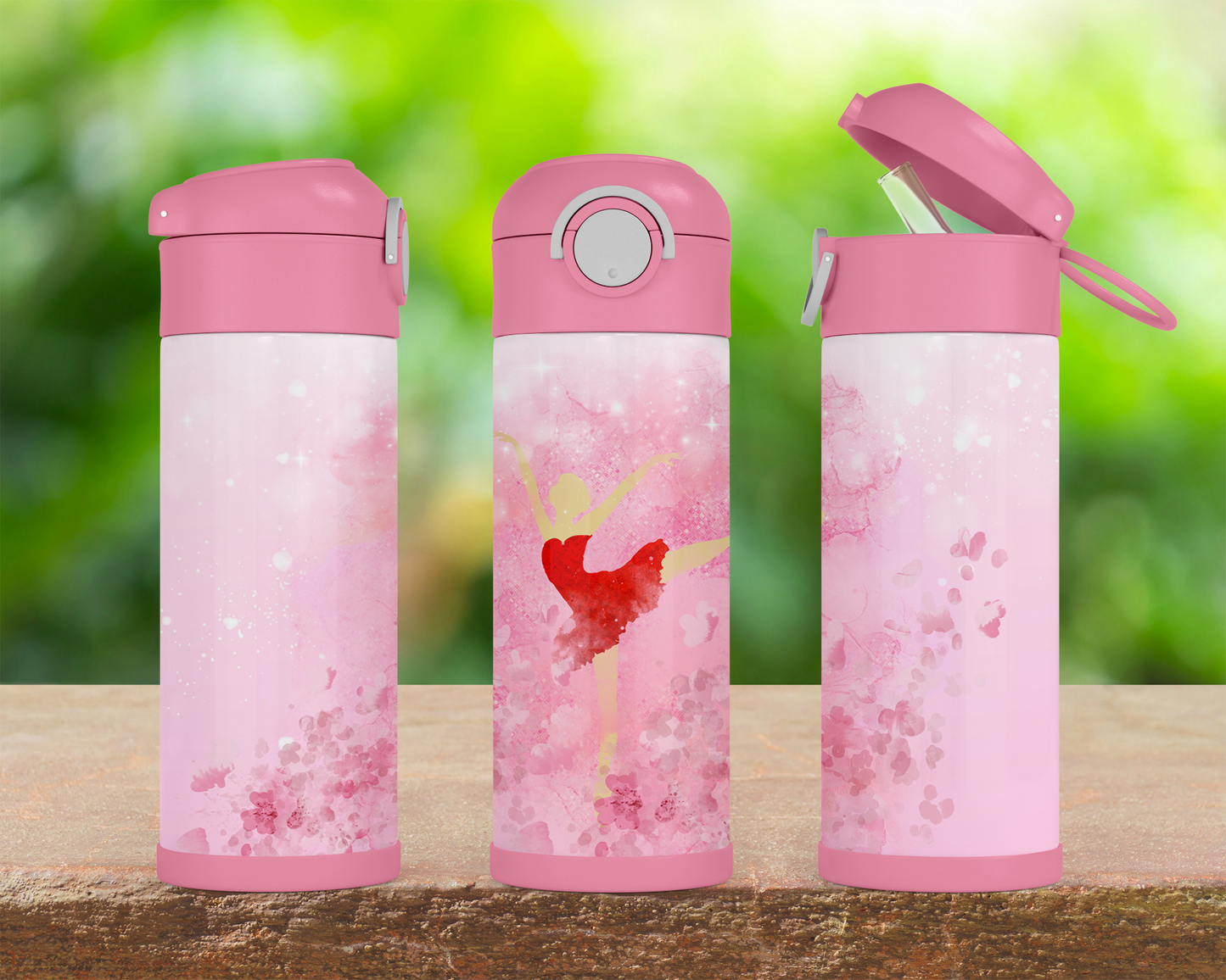 Ballerina Water Bottle 12oz Flip Top Pink Handle Lock Rubber Bottom, Easter Gift for Kids, Water Bottle for School, Water Bottle for Kids