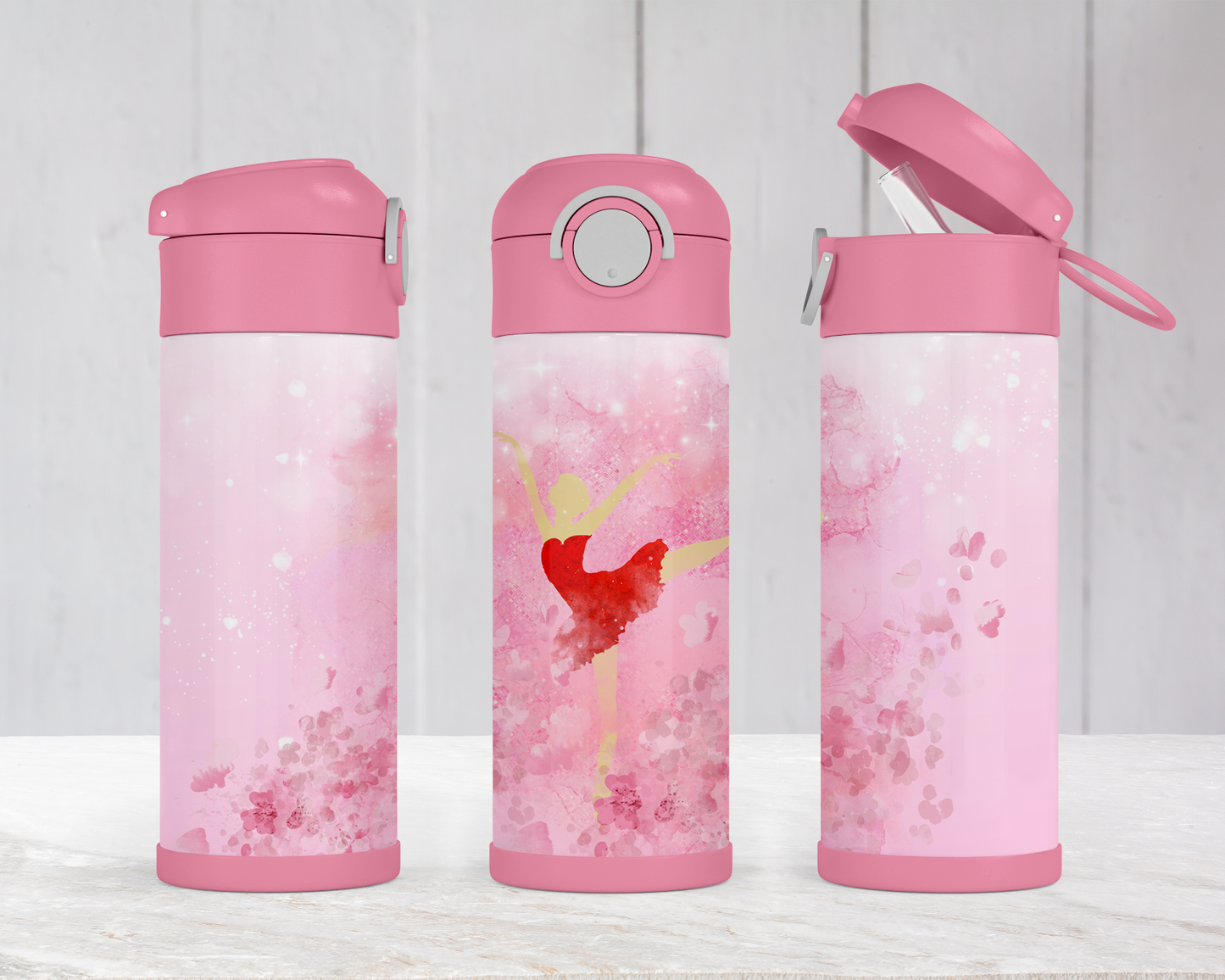 Ballerina Water Bottle 12oz Flip Top Pink Handle Lock Rubber Bottom, Easter Gift for Kids, Water Bottle for School, Water Bottle for Kids