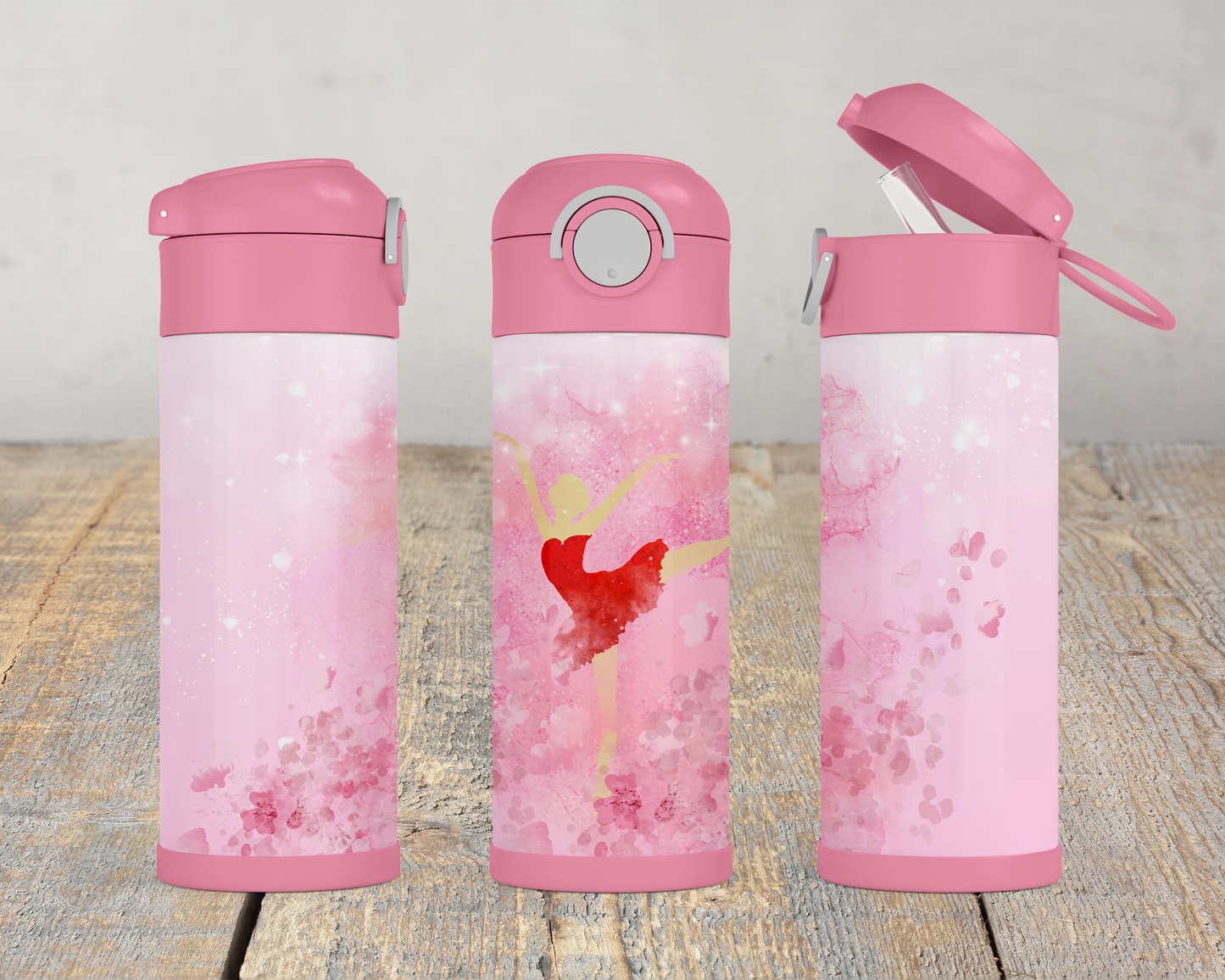 Ballerina Water Bottle 12oz Flip Top Pink Handle Lock Rubber Bottom, Easter Gift for Kids, Water Bottle for School, Water Bottle for Kids