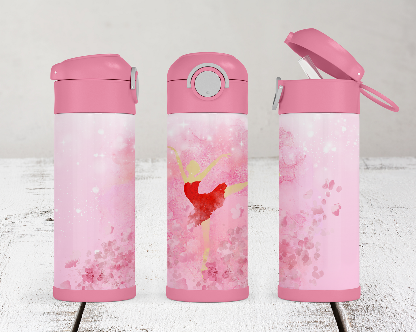 Ballerina Water Bottle 12oz Flip Top Pink Handle Lock Rubber Bottom, Easter Gift for Kids, Water Bottle for School, Water Bottle for Kids