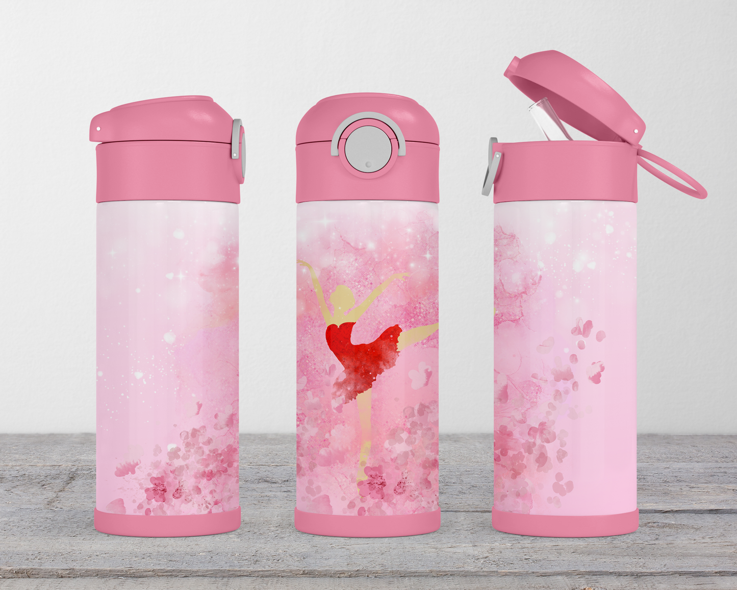 Ballerina Water Bottle 12oz Flip Top Pink Handle Lock Rubber Bottom, Easter Gift for Kids, Water Bottle for School, Water Bottle for Kids