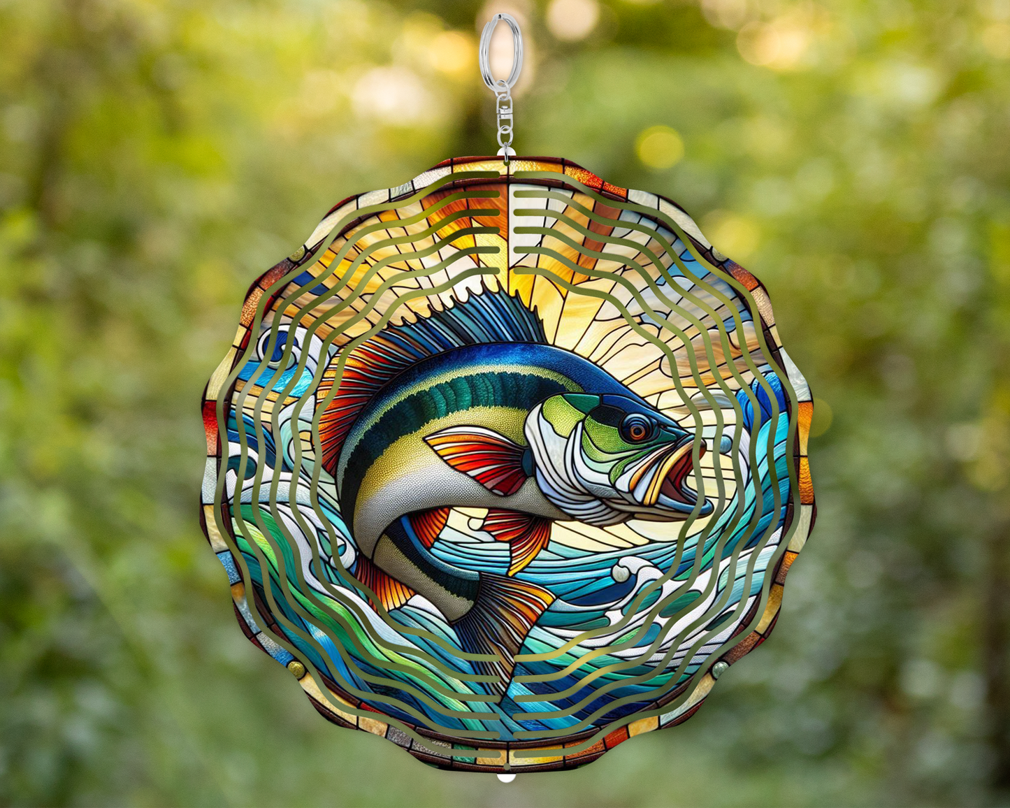 Bass Fish Wind Spinner, Stained Glass Wind Spinner, Unique Gift for Fathers Day, Hanging Wind Spinner for Porch, 3D Metal Garden Spinner