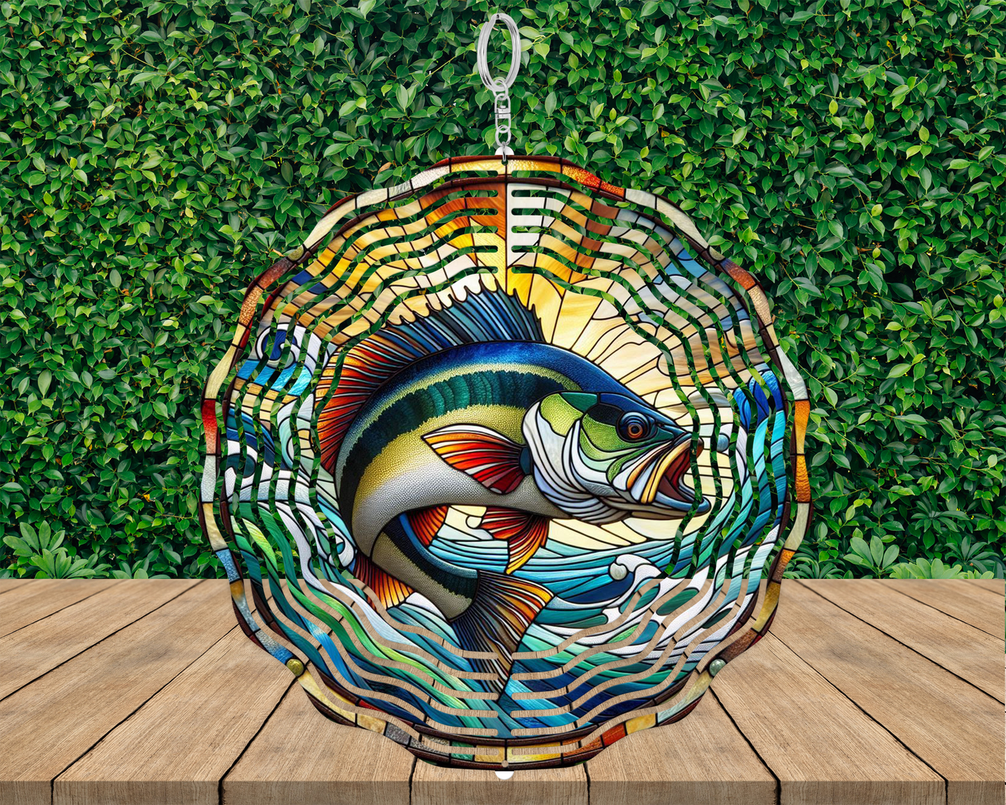 Bass Fish Wind Spinner, Stained Glass Wind Spinner, Unique Gift for Fathers Day, Hanging Wind Spinner for Porch, 3D Metal Garden Spinner