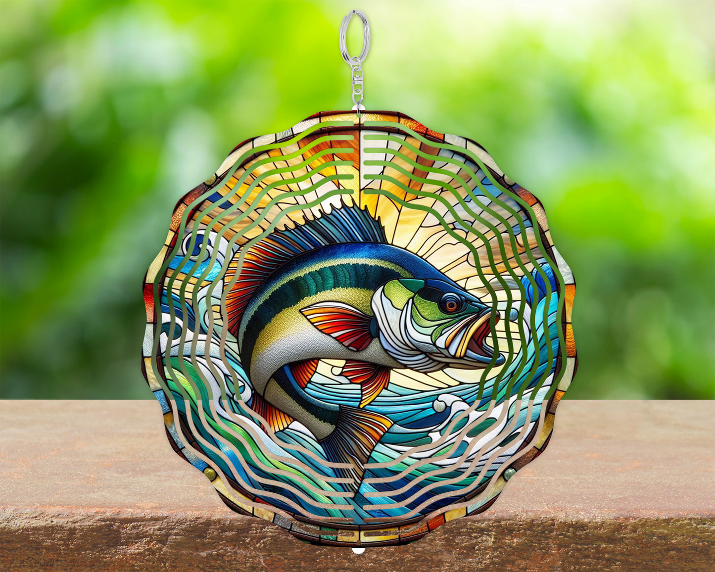 Bass Fish Wind Spinner, Stained Glass Wind Spinner, Unique Gift for Fathers Day, Hanging Wind Spinner for Porch, 3D Metal Garden Spinner