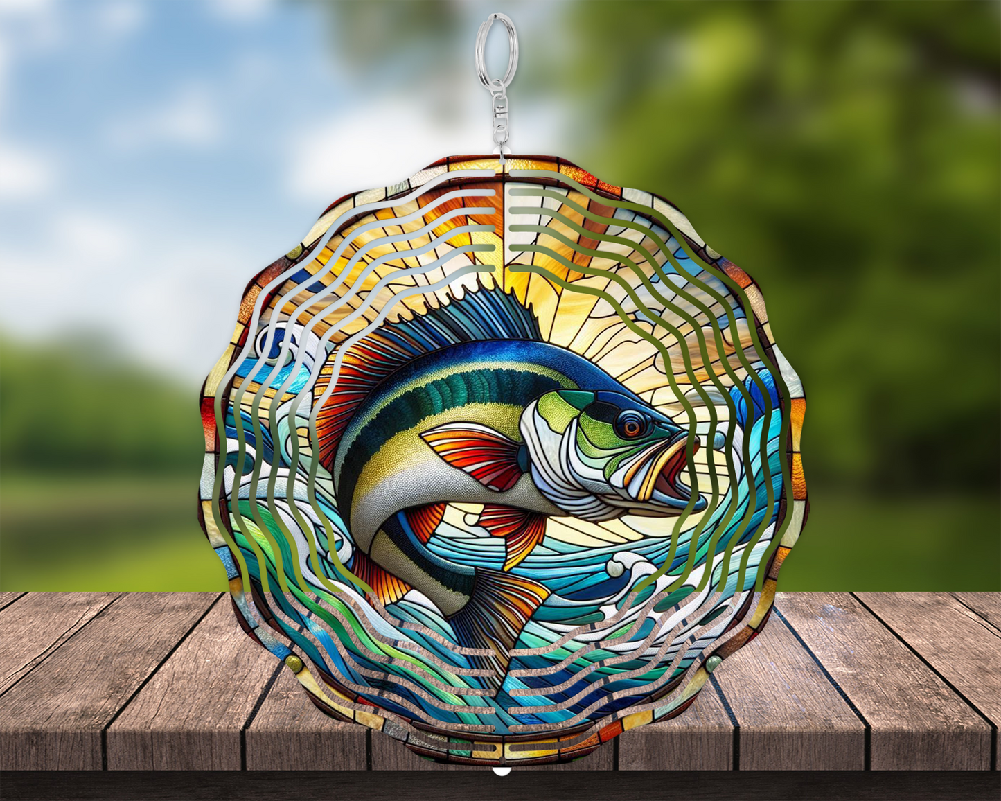 Bass Fish Wind Spinner, Stained Glass Wind Spinner, Unique Gift for Fathers Day, Hanging Wind Spinner for Porch, 3D Metal Garden Spinner