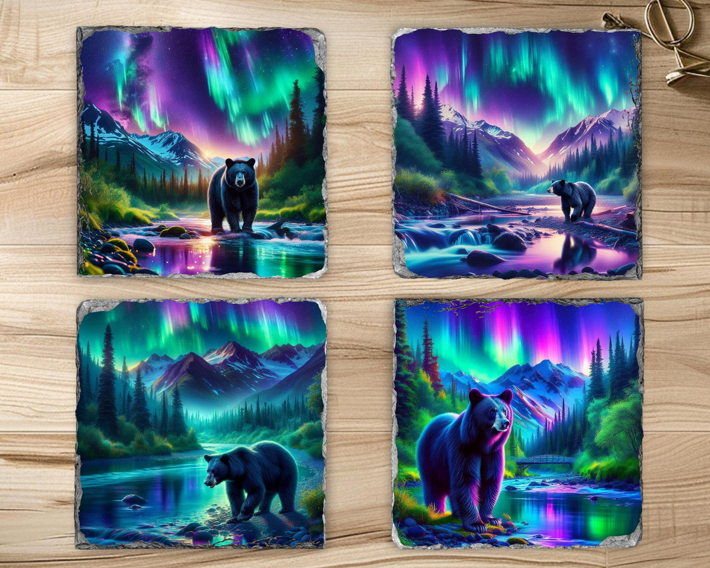 Black Bear Slate Coaster Set - Rustic Cabin Drinkware Decor for Nature Lovers