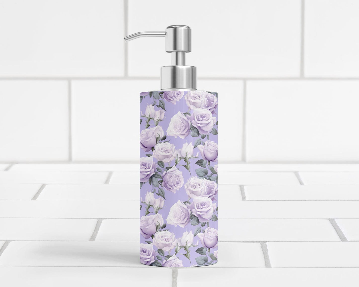 Stainless Steel Hand Soap or Lotion Pump Dispenser with Elegant Purple Roses - Unique Housewarming Gift for Her