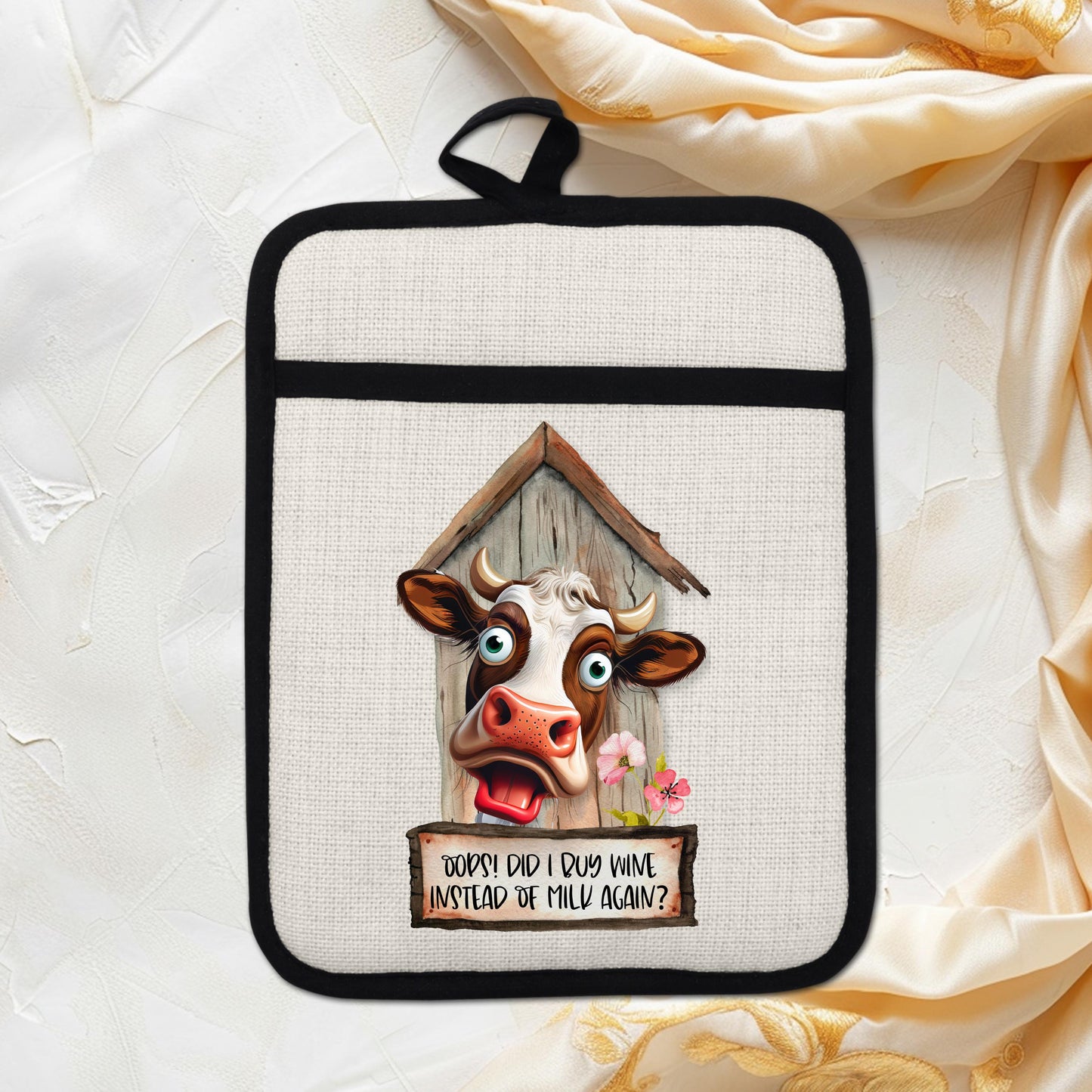 Funny Cow Pot Holder with Quirky Barn Flower Design - Oops Did I Buy Wine Instead of Milk Linen Hot Pad