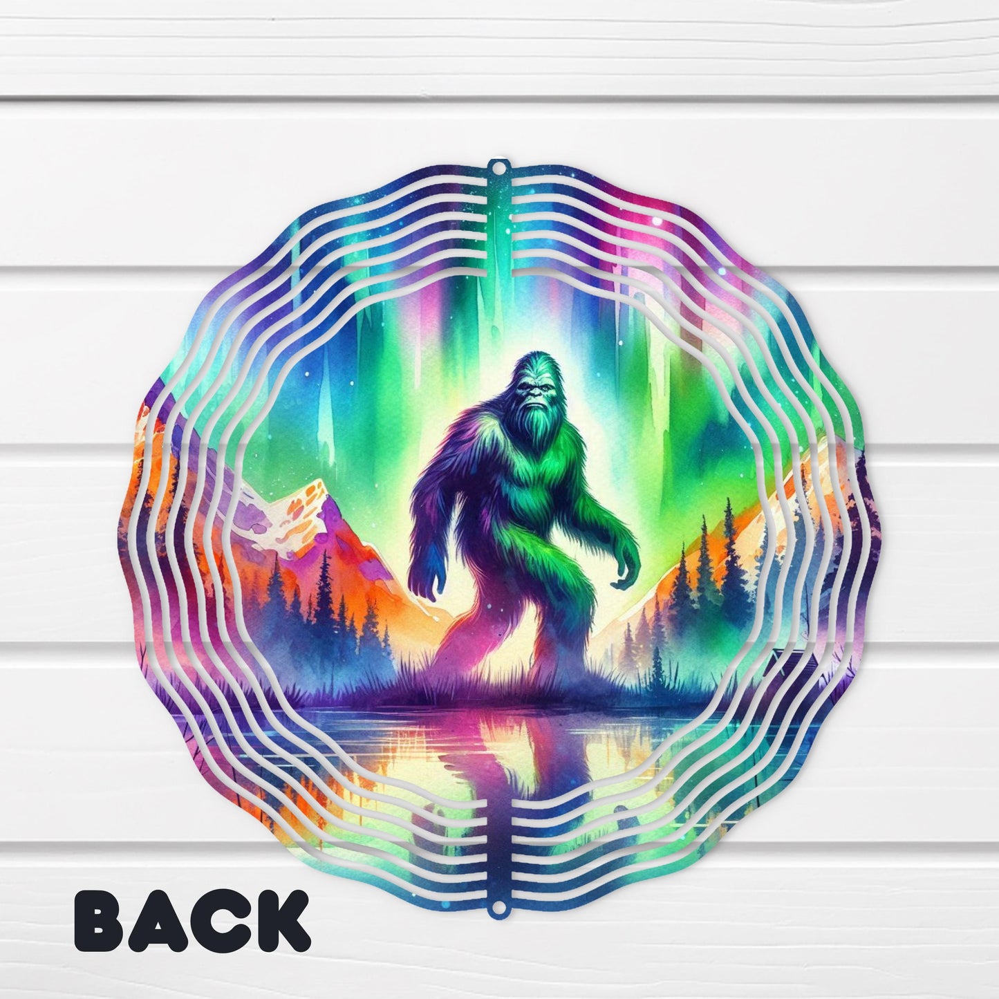 Bigfoot Forest Wind Spinner - 10x10 Double-Sided Outdoor Art with Watercolor Northern Lights Design
