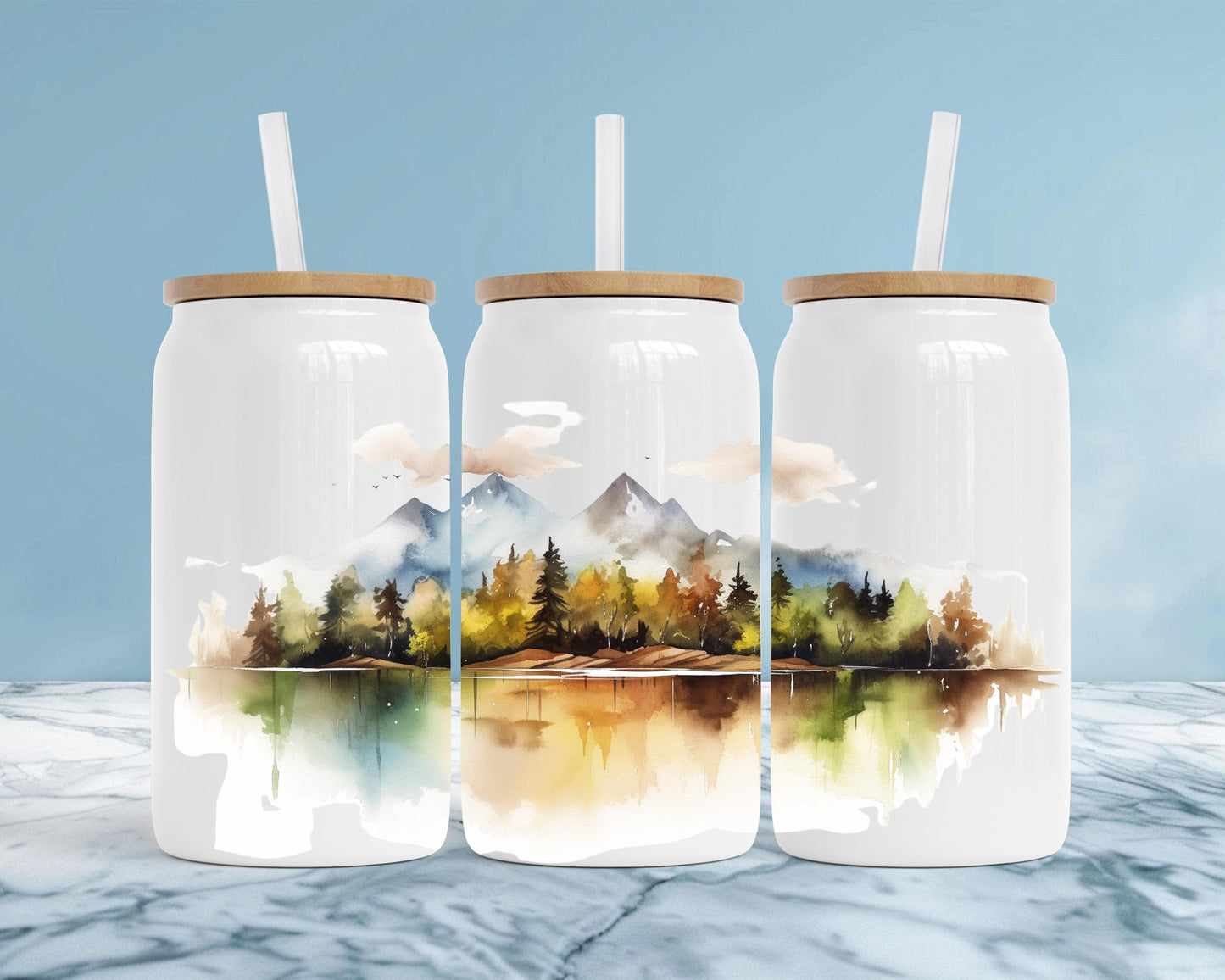 Eco-Friendly Stainless Steel Soda Can with Bamboo Lid, Mountain Watercolor Print