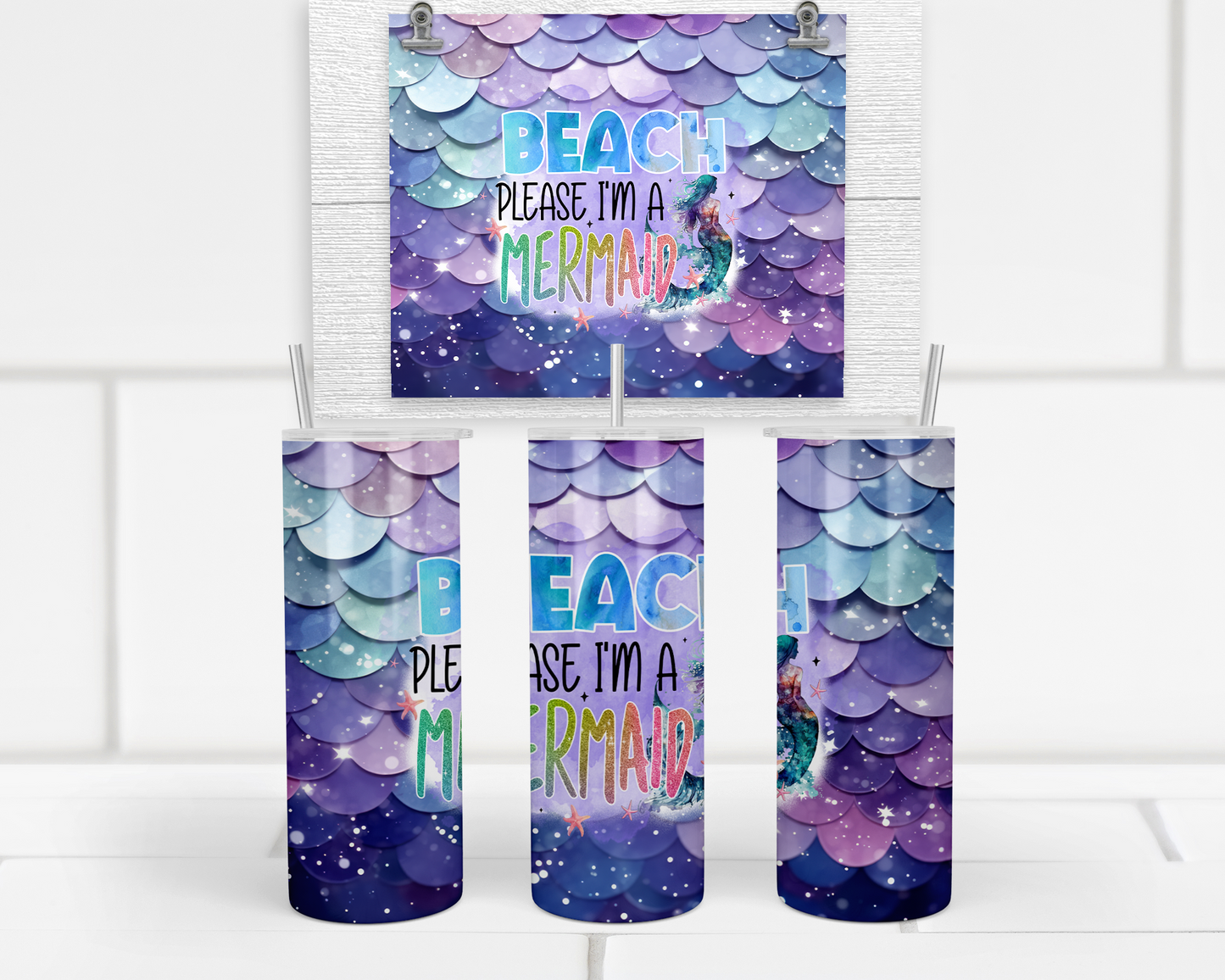 Mermaid Tumbler, Beach Please Cup, Gift for Beachgoers, 20oz Tumbler with Straw and Lid