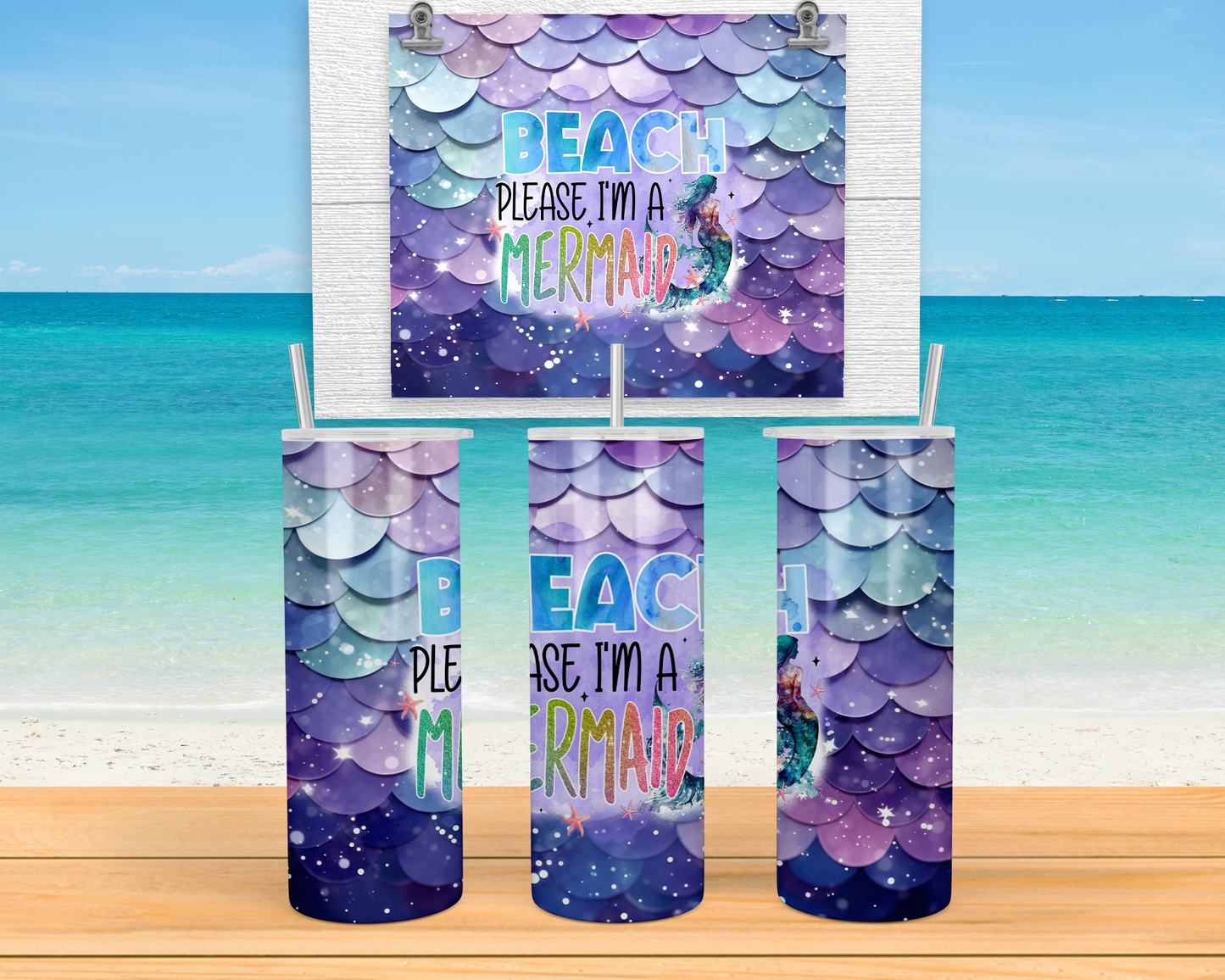 Mermaid Tumbler, Beach Please Cup, Gift for Beachgoers, 20oz Tumbler with Straw and Lid
