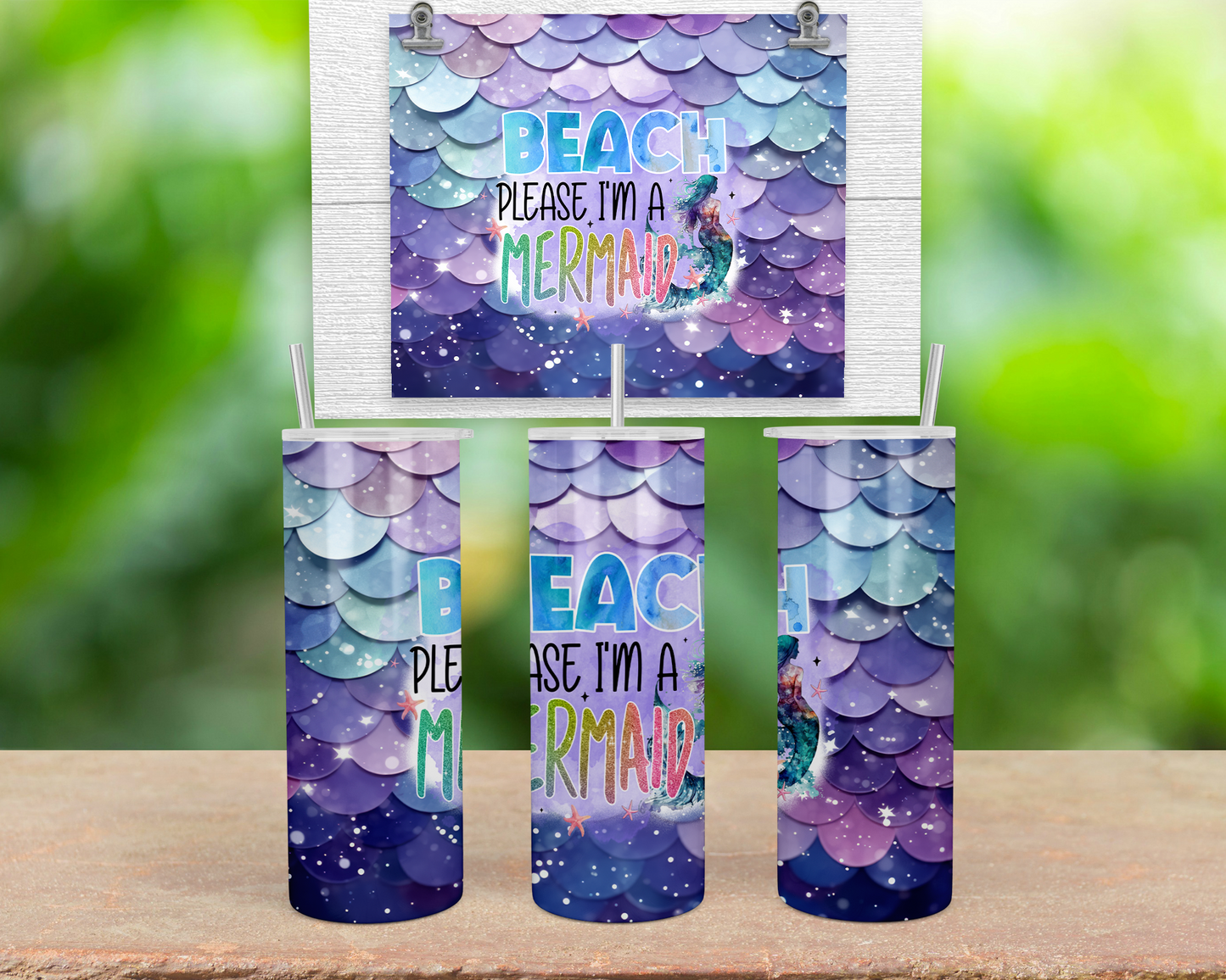 Mermaid Tumbler, Beach Please Cup, Gift for Beachgoers, 20oz Tumbler with Straw and Lid