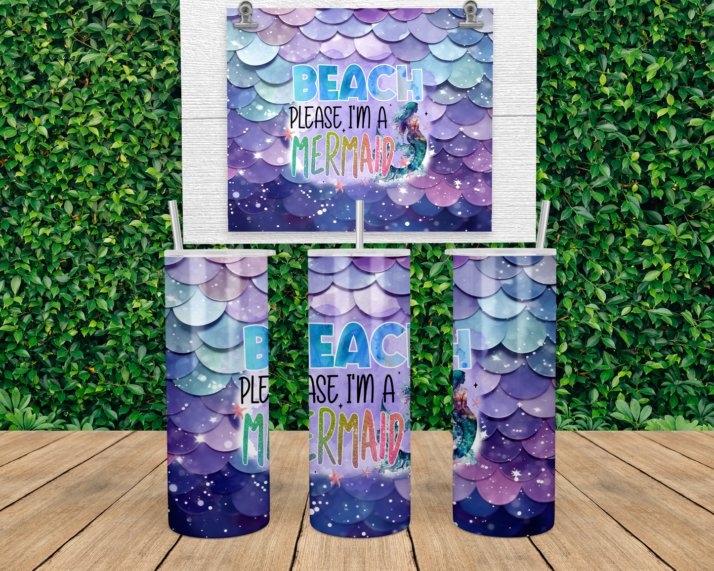 Mermaid Tumbler, Beach Please Cup, Gift for Beachgoers, 20oz Tumbler with Straw and Lid