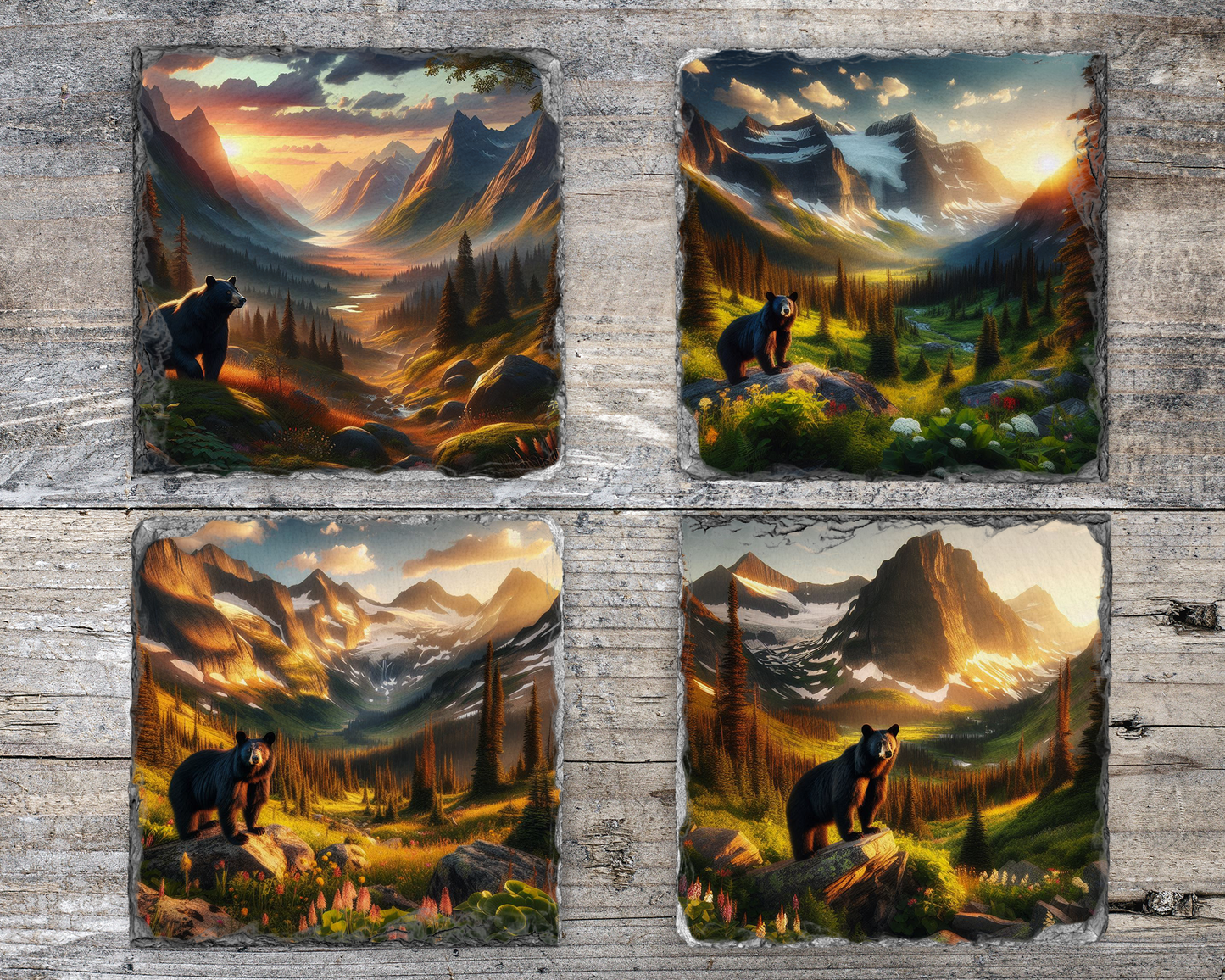 Rustic Slate Coaster Set, Bear in Valley at Sunset, Set of 4 Different Images, Unique Gift for Mom, Bear Coaster Set, Unique Coaster Set