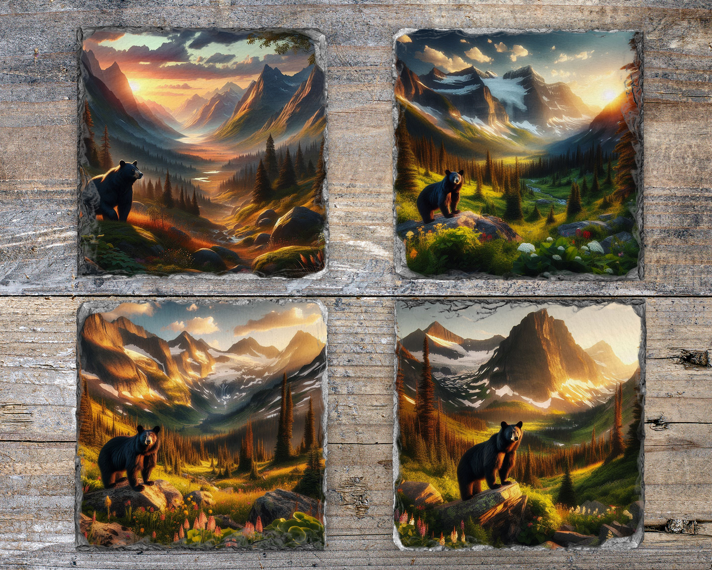 Rustic Slate Coaster Set, Bear in Valley at Sunset, Set of 4 Different Images, Unique Gift for Mom, Bear Coaster Set, Unique Coaster Set