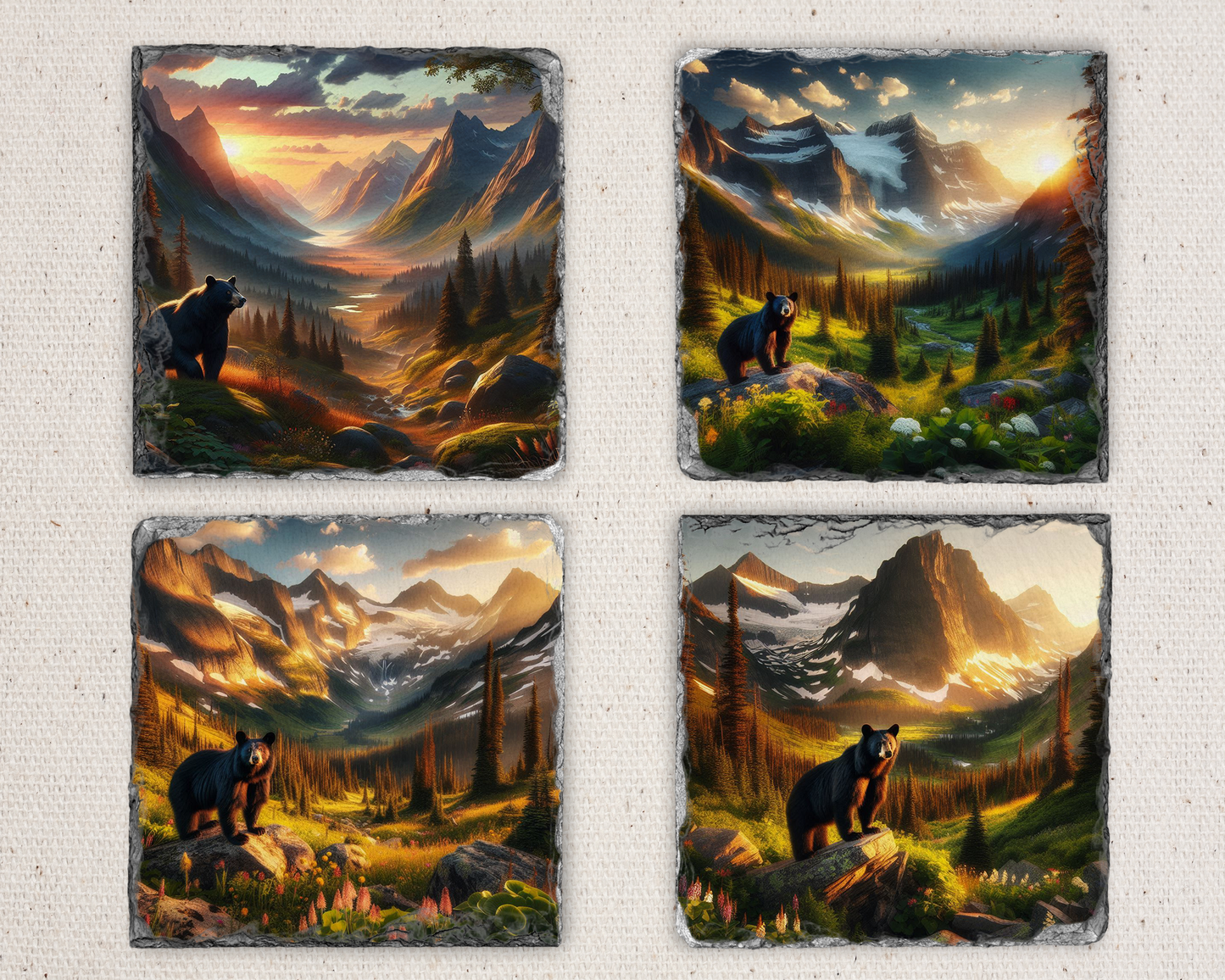Rustic Slate Coaster Set, Bear in Valley at Sunset, Set of 4 Different Images, Unique Gift for Mom, Bear Coaster Set, Unique Coaster Set